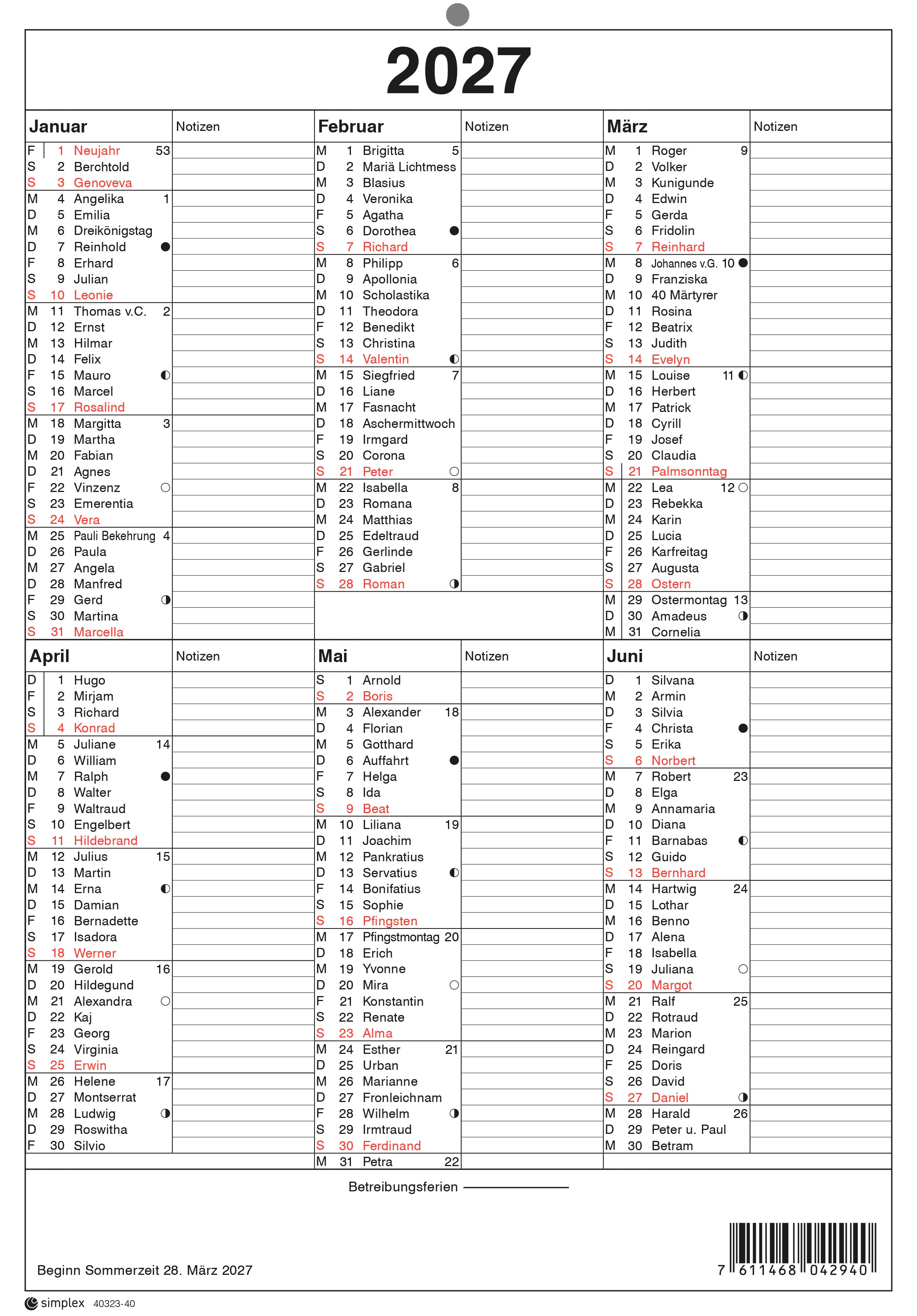Simplex Wandkalender (Monat), 6 Monate pro Seite, 2027, A4, Hochformat, mit Namenstagen