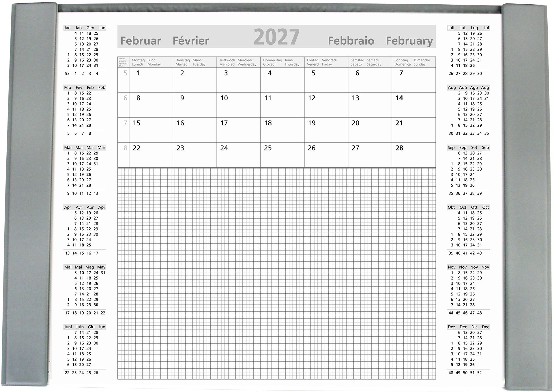 Simplex Schreibunterlage 12-Monatskalender – 607 × 434 mm, Kunststoffhülle, Hellgrau
