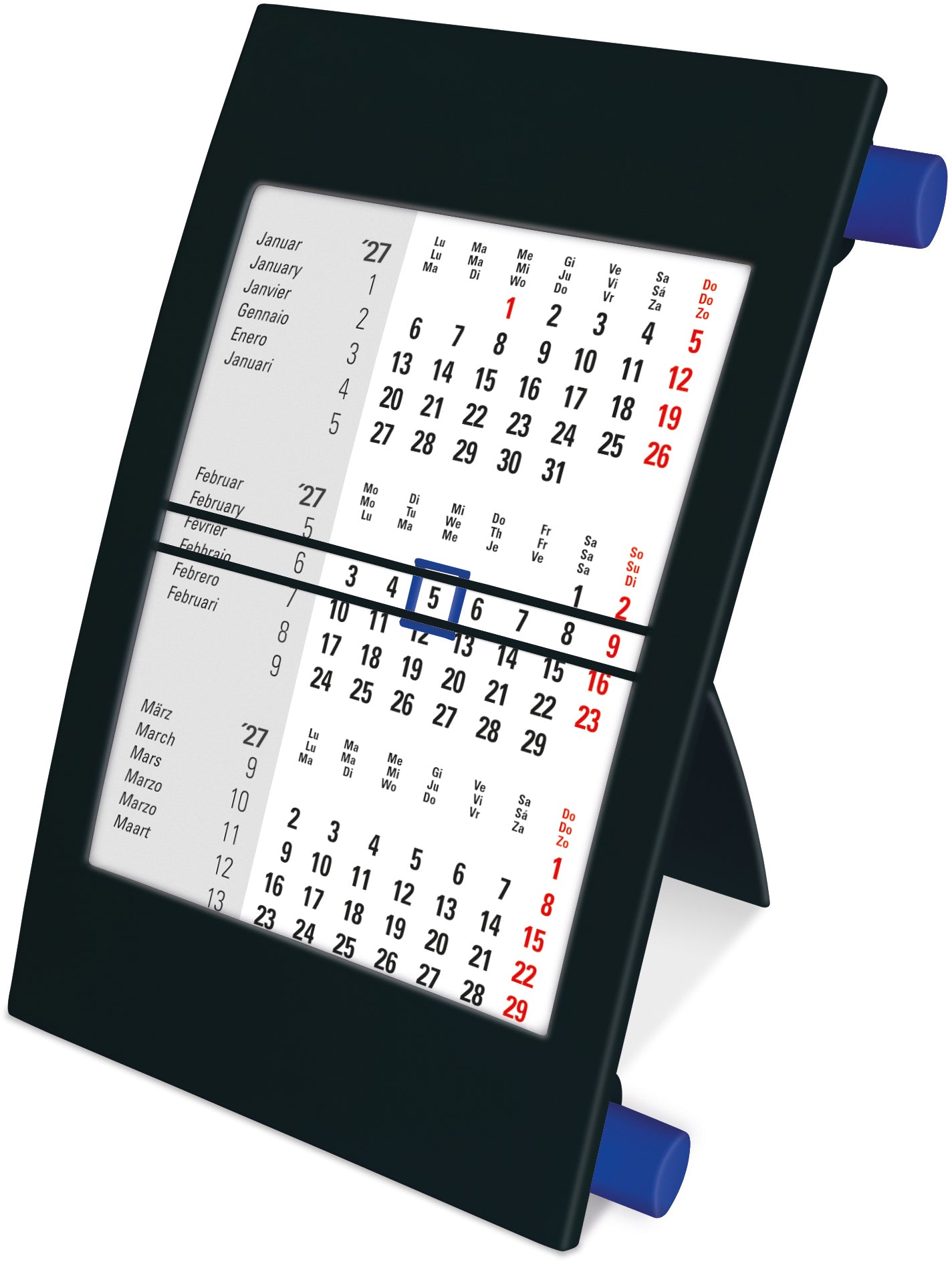 Simplex Pultkalender – 3 Monate pro Seite, 12,7 × 18,8 cm, 2027/28, Schwarz/Blau