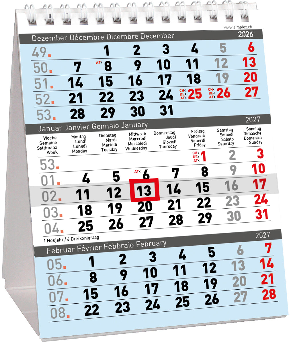 Simplex 61102.27 – Tischkalender 2027, 3 Monate/1 Seite, 12.8 × 27 cm