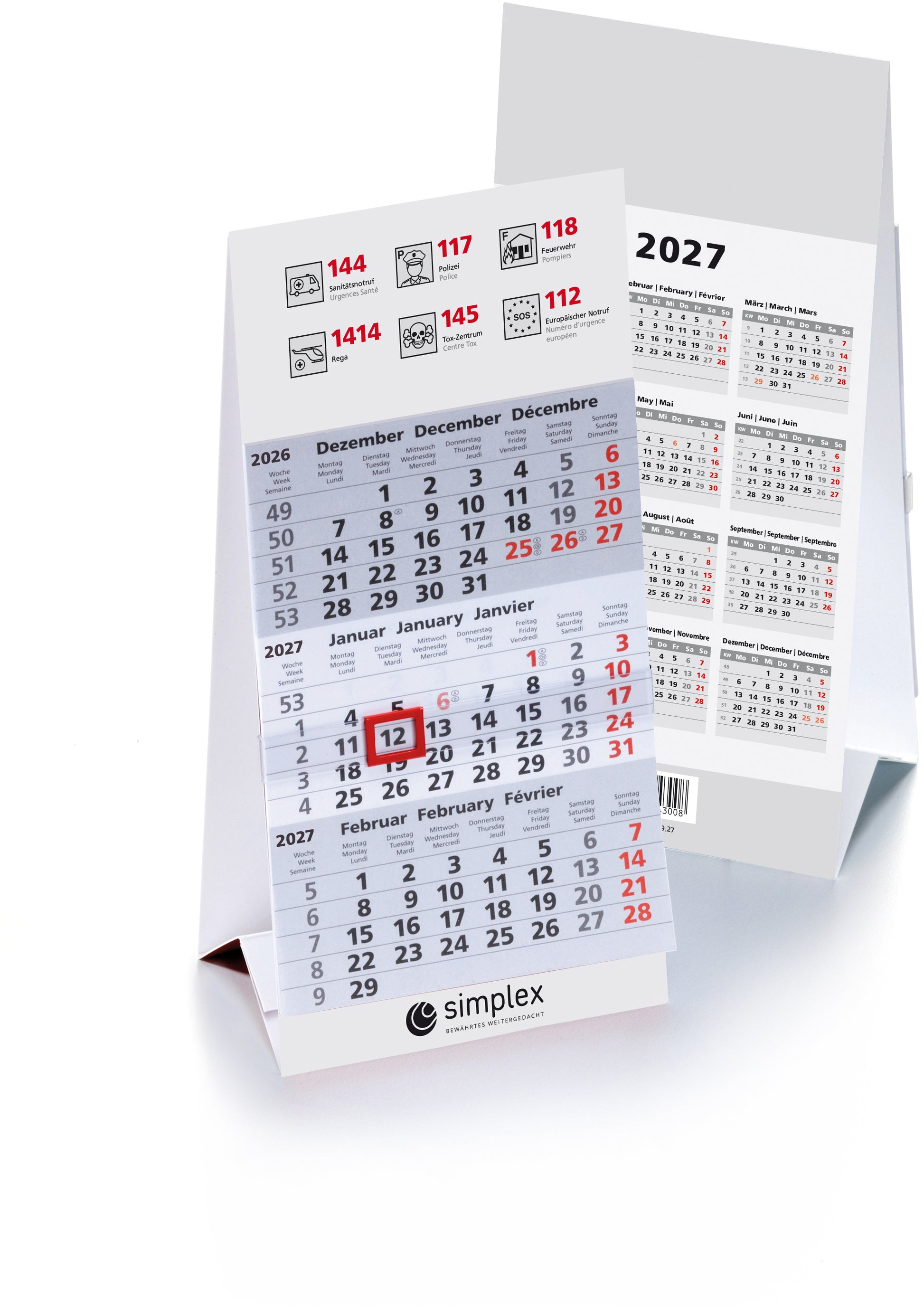 Simplex Tischkalender 2027, 3 Monate/1 Seite, 10 × 18,7 cm