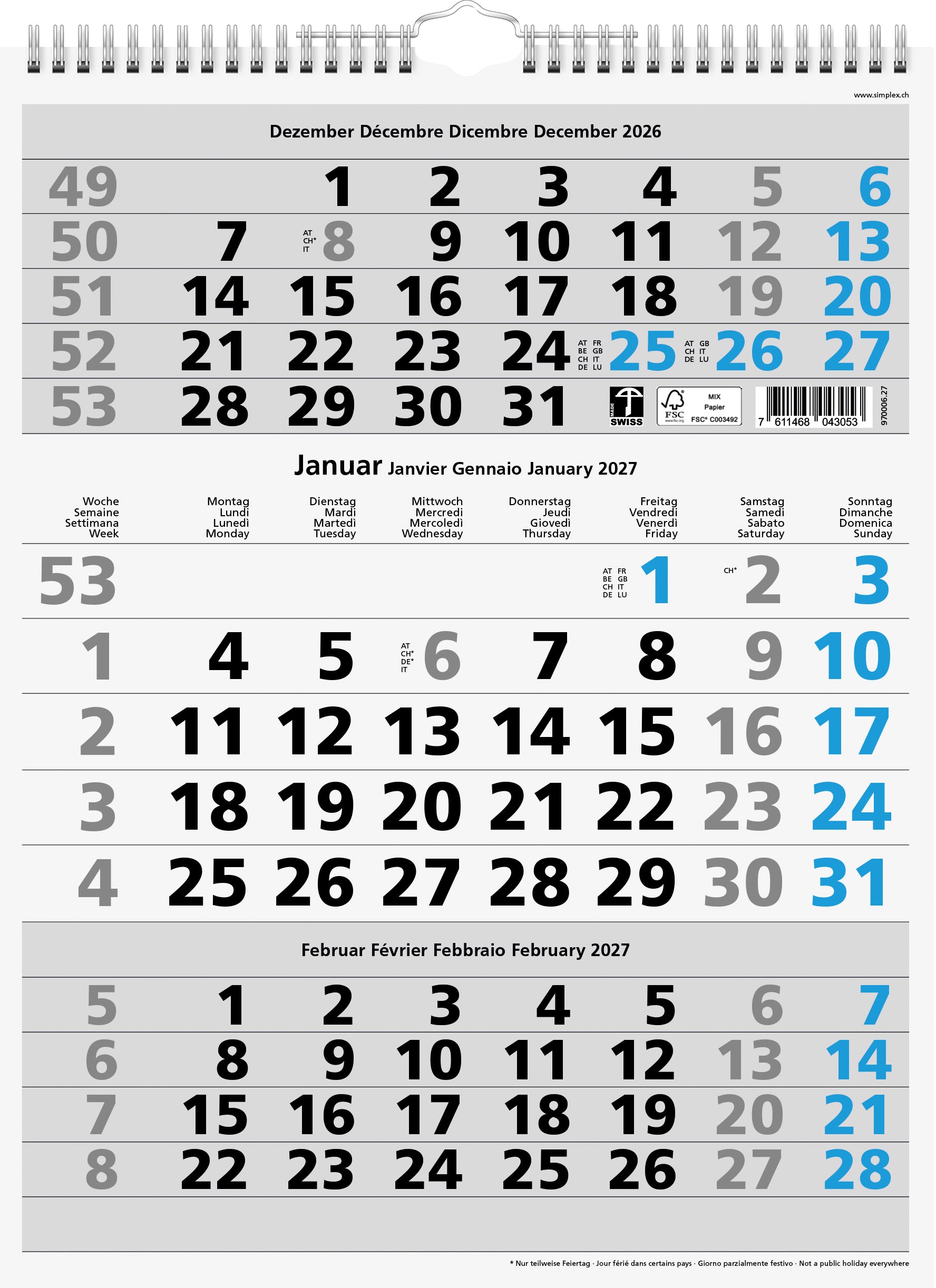 Simplex 3-Monats-Kalender, 3 Monate pro Seite, 2027, 31 × 40,2 cm, mit Datumschieber