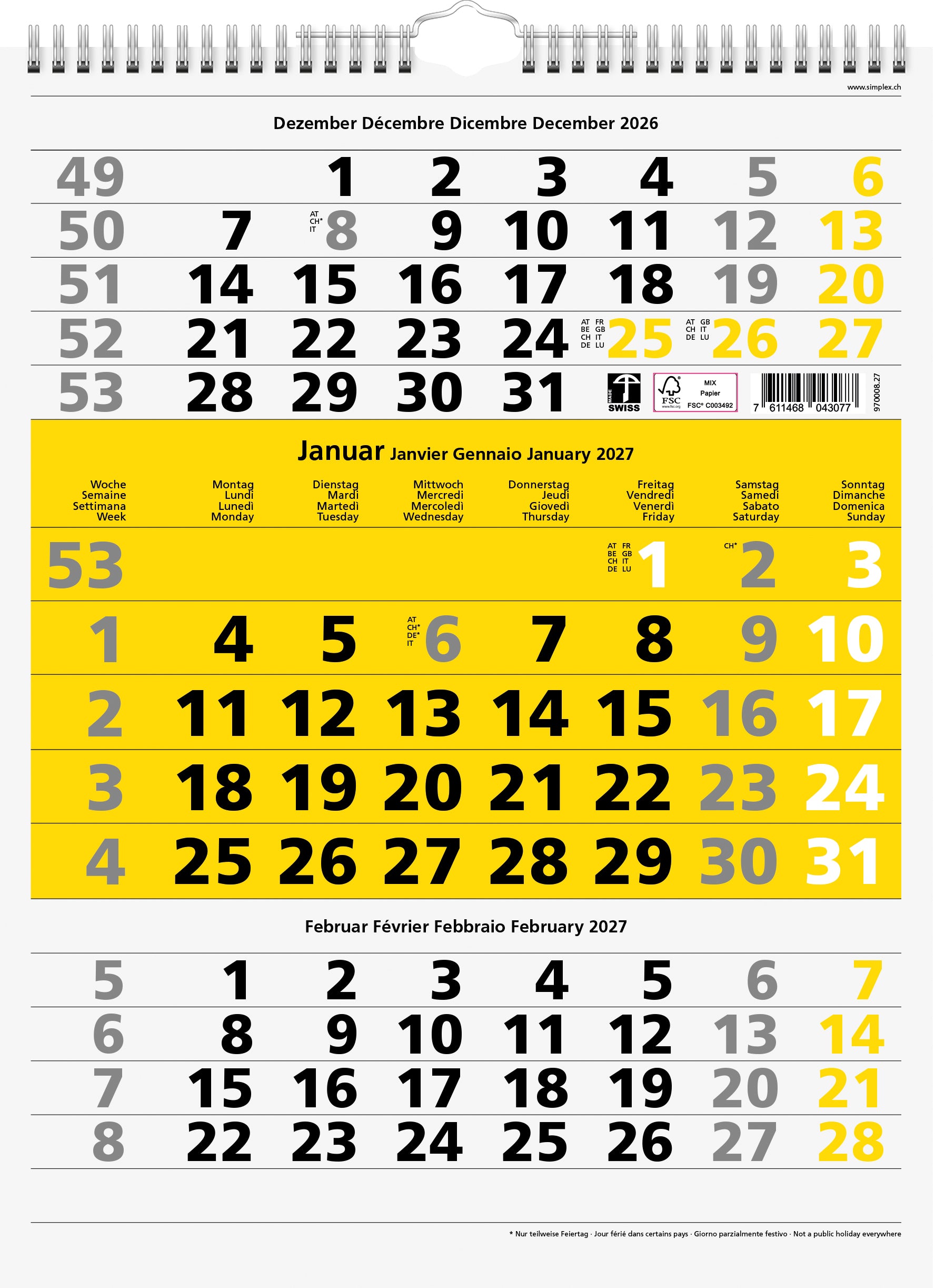 Simplex 3-Monats-Kalender, 3 Monate pro Seite, 2026, 31,5 × 40,4 cm, f/i/gb, Spiralbindung, mit Datumschieber