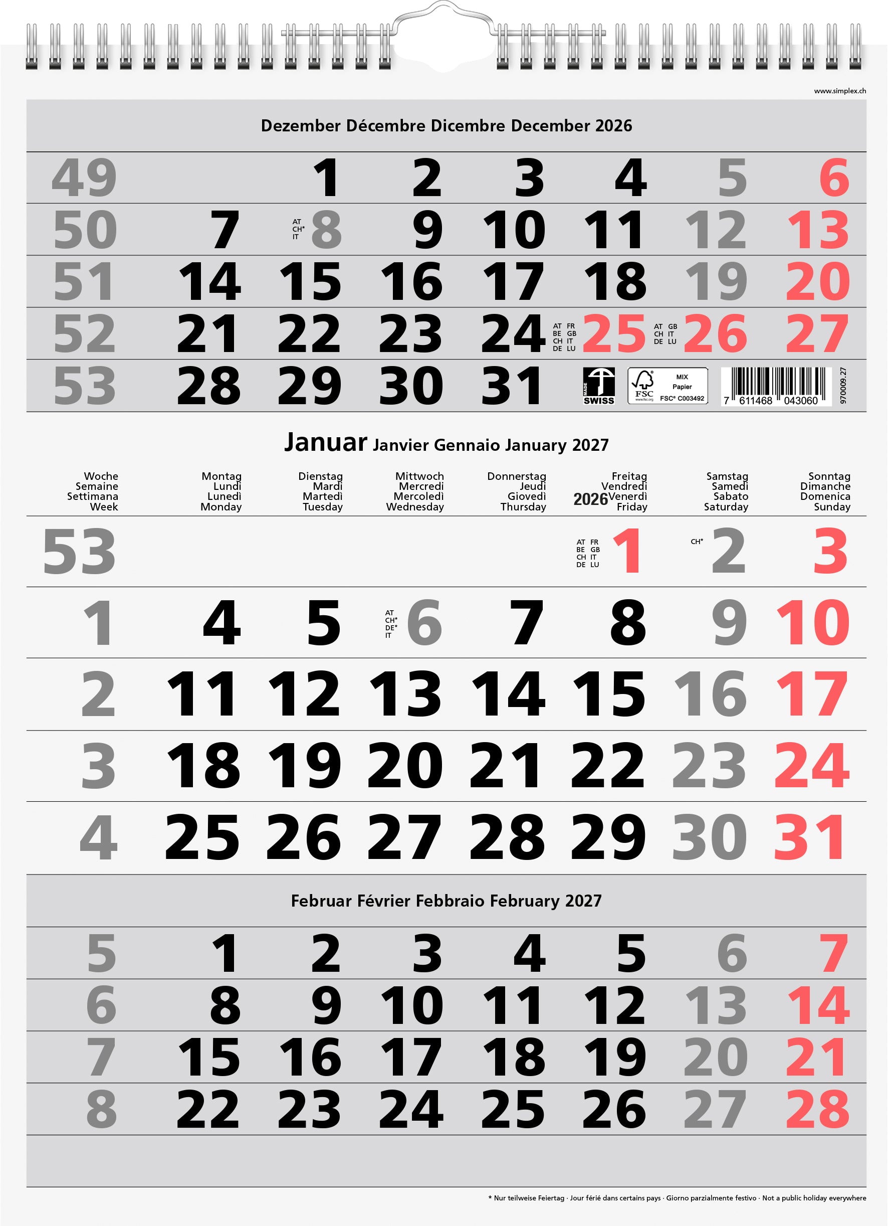Simplex 3-Monats-Kalender, 3 Monate pro Seite, 2027, 31 × 40 cm, mit Datumschieber
