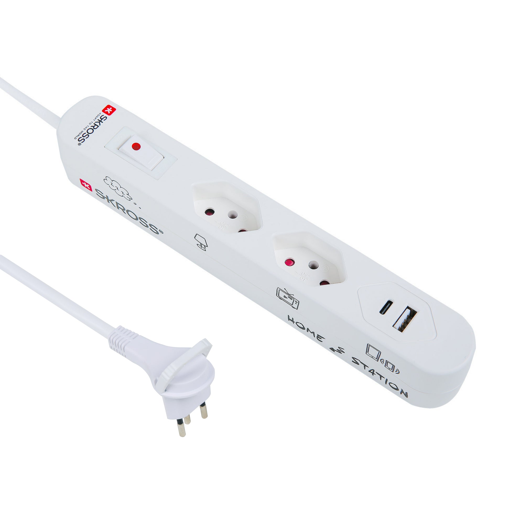 Skross Steckdosenleiste – 2× T13, USB-C, 1,5 m, mit Schalter, Weiss