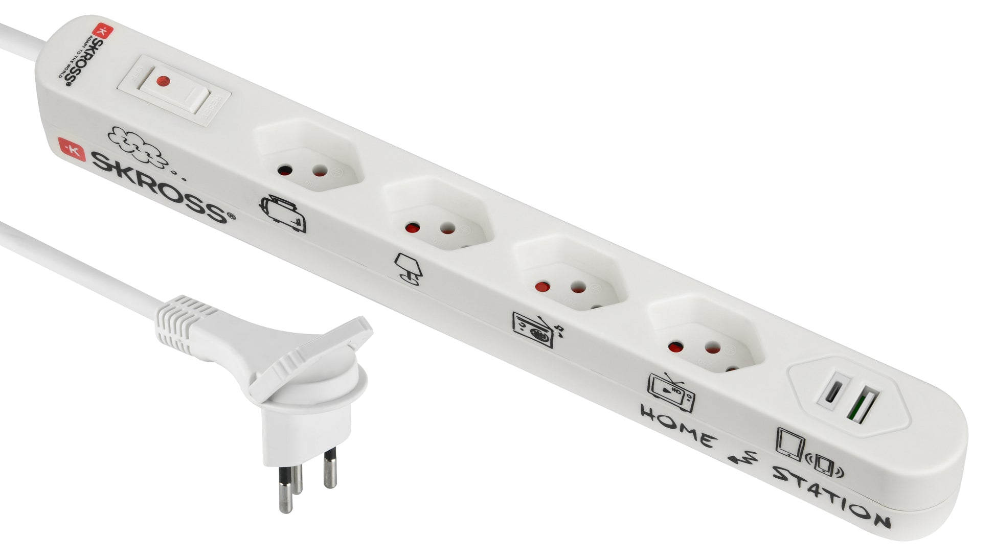 M. Schönenberger Steckdosenleiste, 4×T13, 1×USB-C + 1×USB-A, mit Schalter, 1,5 m, Kontrollleuchte – weiss