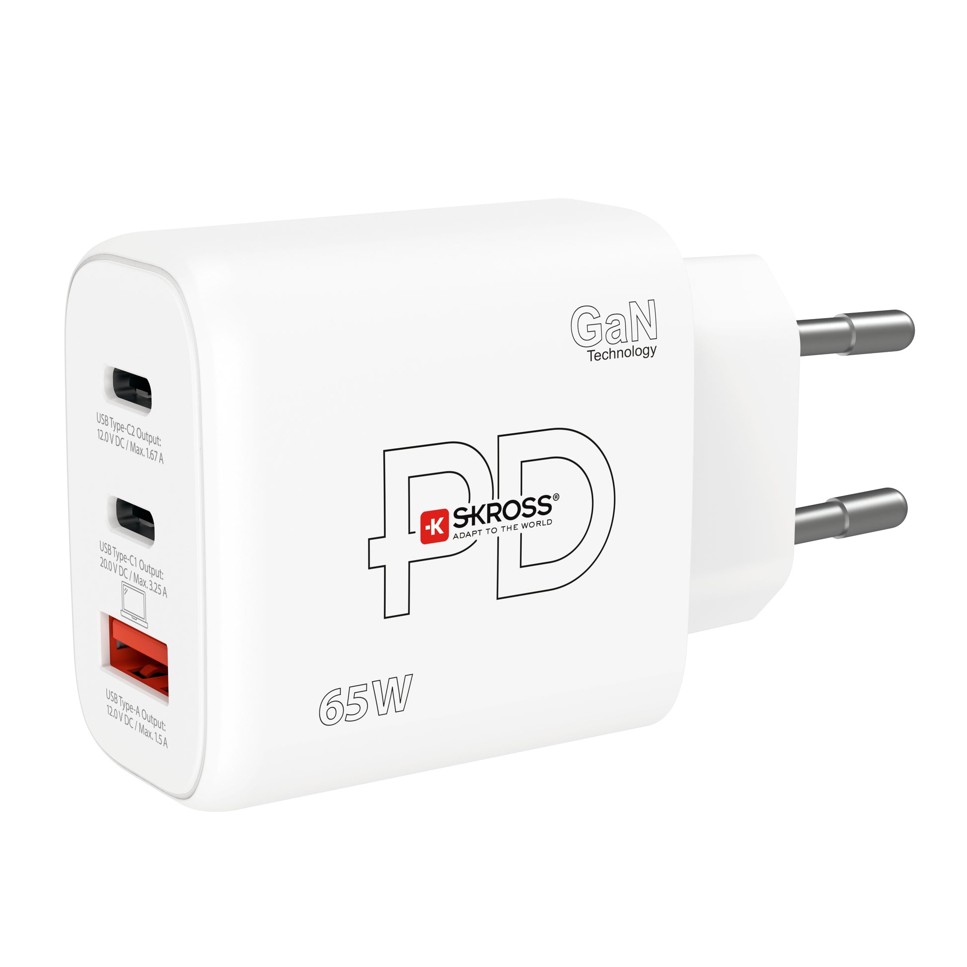 Skross SKCH00116 USB-Ladegerät 65 W – USB-C×2, USB-A×1 – PD, GaN, EU-Stecker (Typ C)