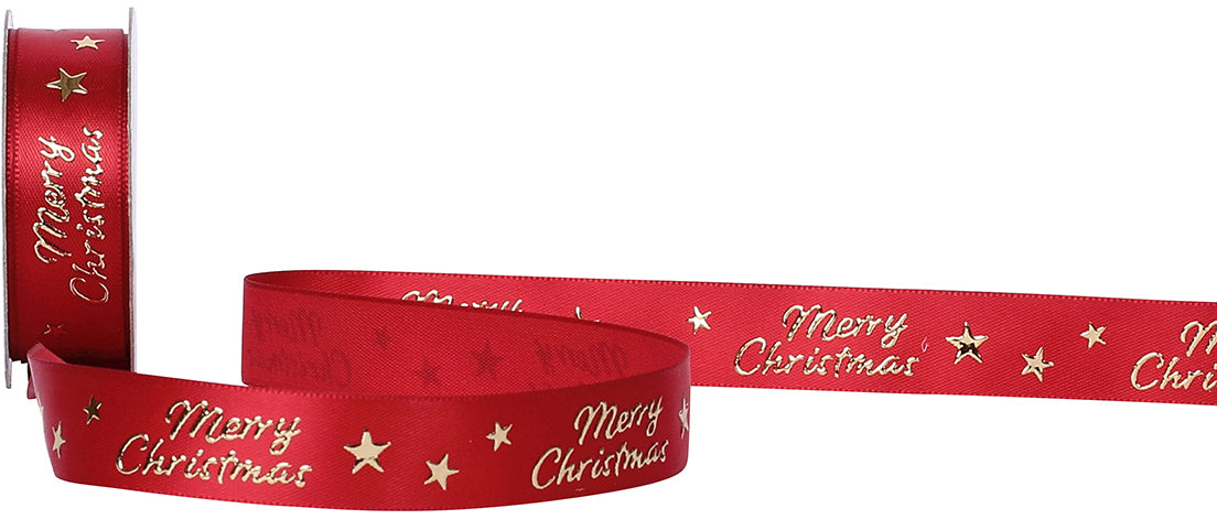 Spyk Geschenkband Merry Christmas Stars Rot – 16 mm × 3 m – Weihnachten