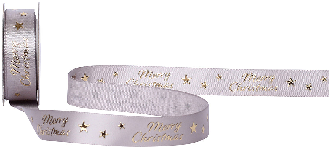Spyk Geschenkband Merry Christmas Stars, silber/gold – 16 mm × 3 m