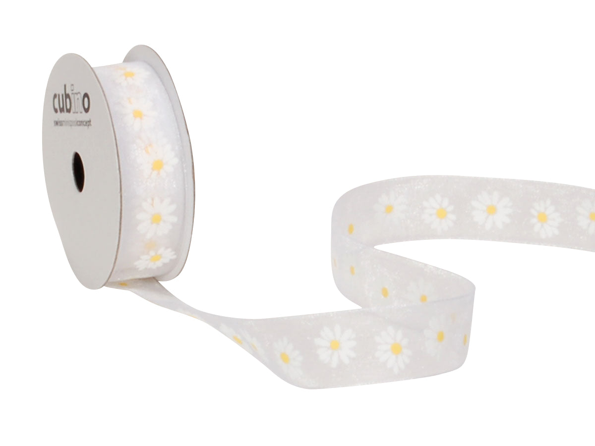 Spyk Cubino – Geschenkband, weiss/gelb, Aufdruck "Margerite" – 56 mm × 0,1 m