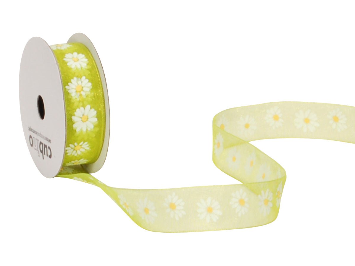 Spyk Geschenkband Cubino Margerite Grün/Weiss – 15 mm × 4 m