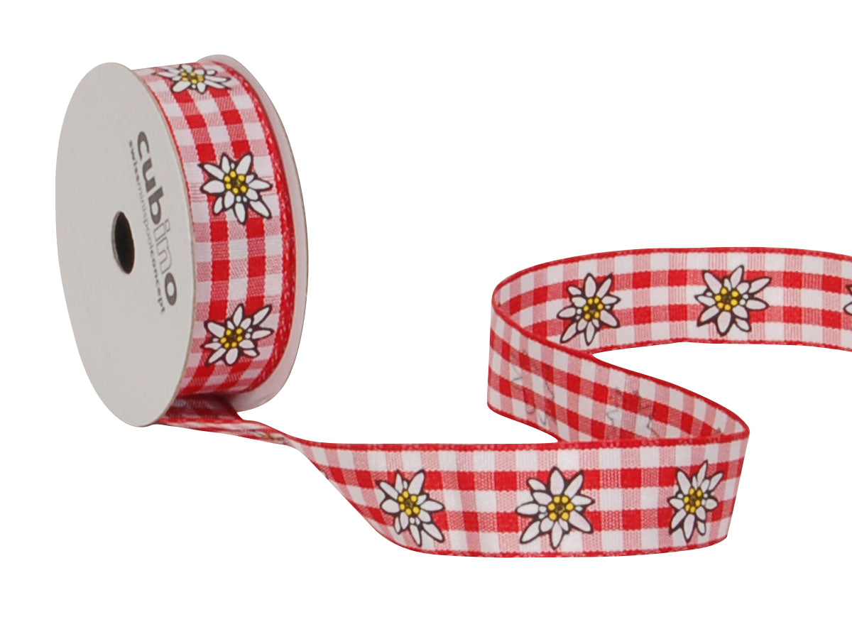 Spyk Geschenkband Cubino Karo Edelweiss Rot/Weiss – 15 mm × 3 m