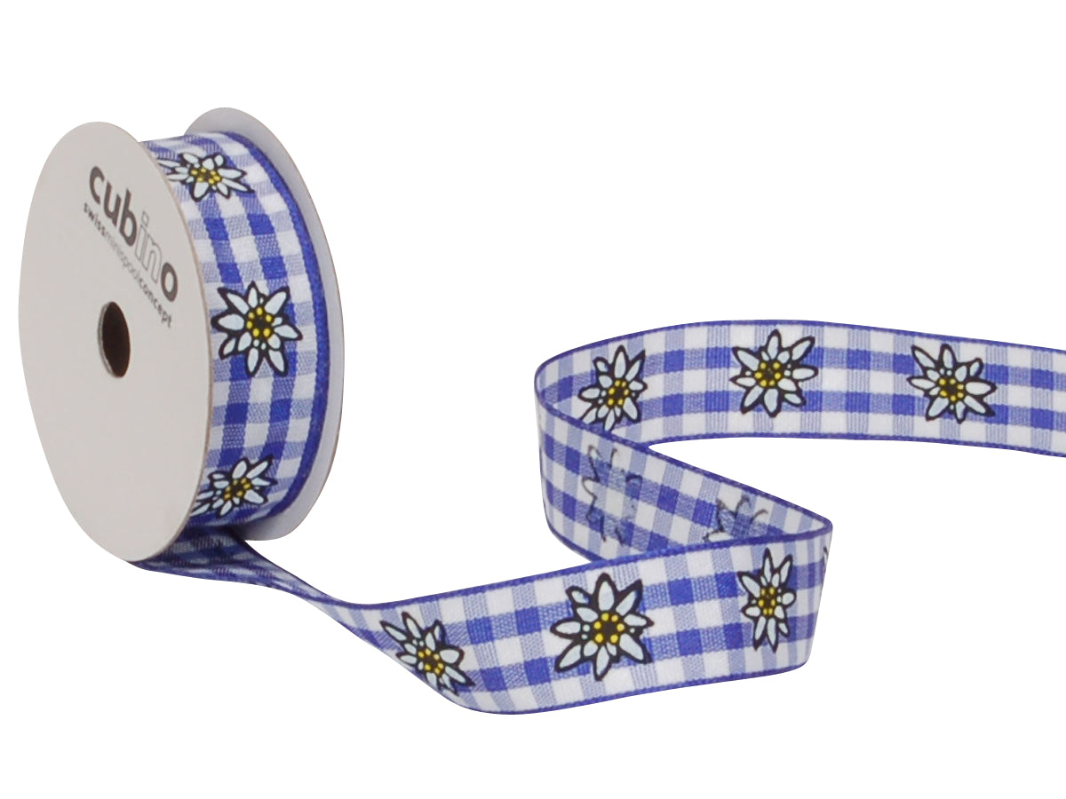 Spyk Geschenkband Cubino Karo Edelweiss Blau/Weiss – 15 mm × 3 m