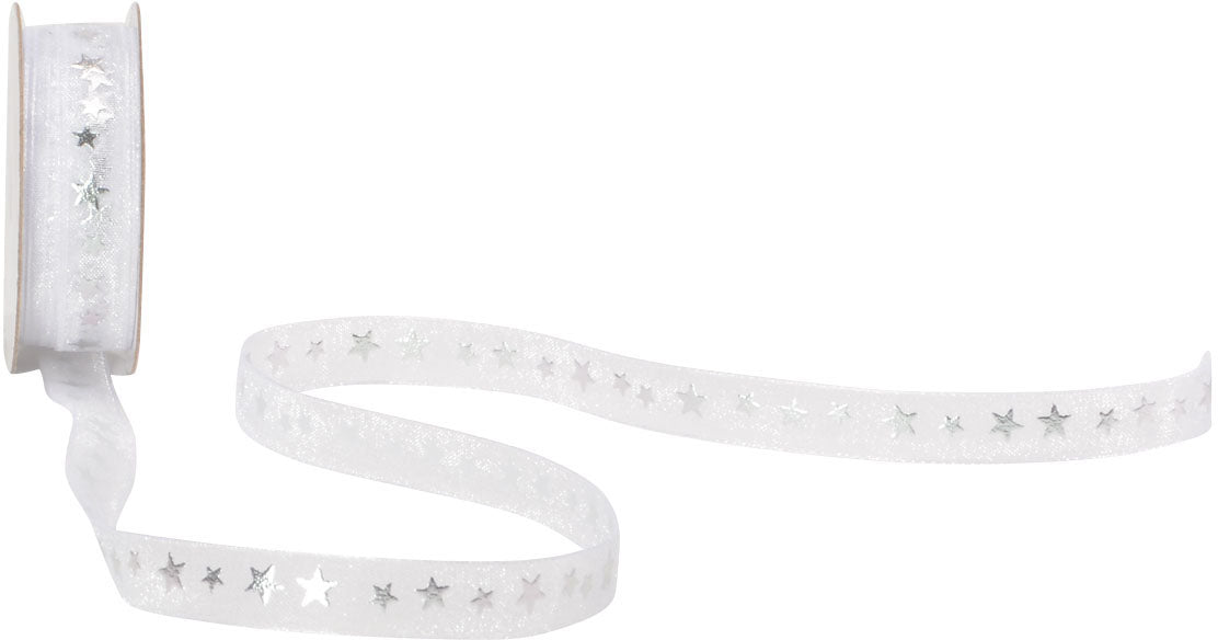 Spyk Geschenkband Cubino Stellare 1596.401 weiss/silber – 10 mm × 4 m