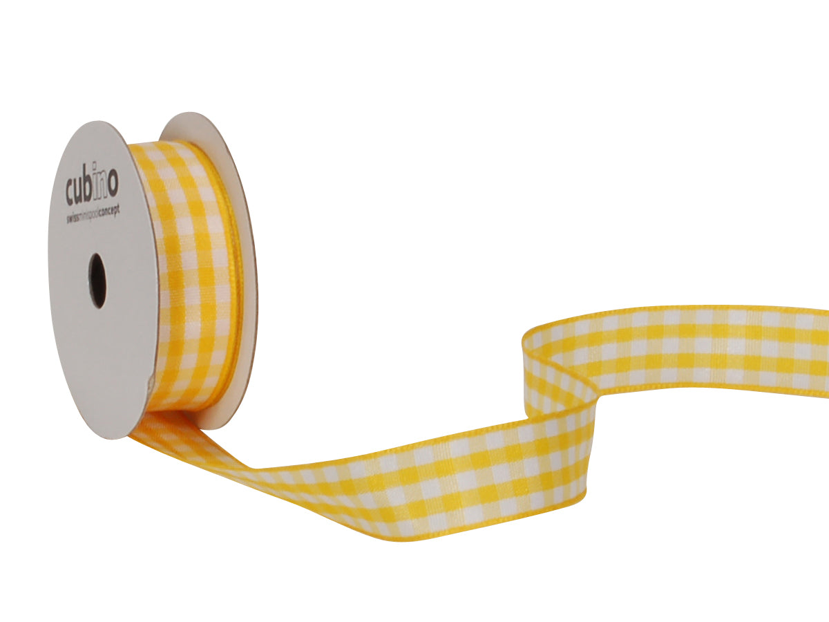 Spyk Geschenkband Cubino Vichy Gelb/Weiss – 15 mm × 3 m