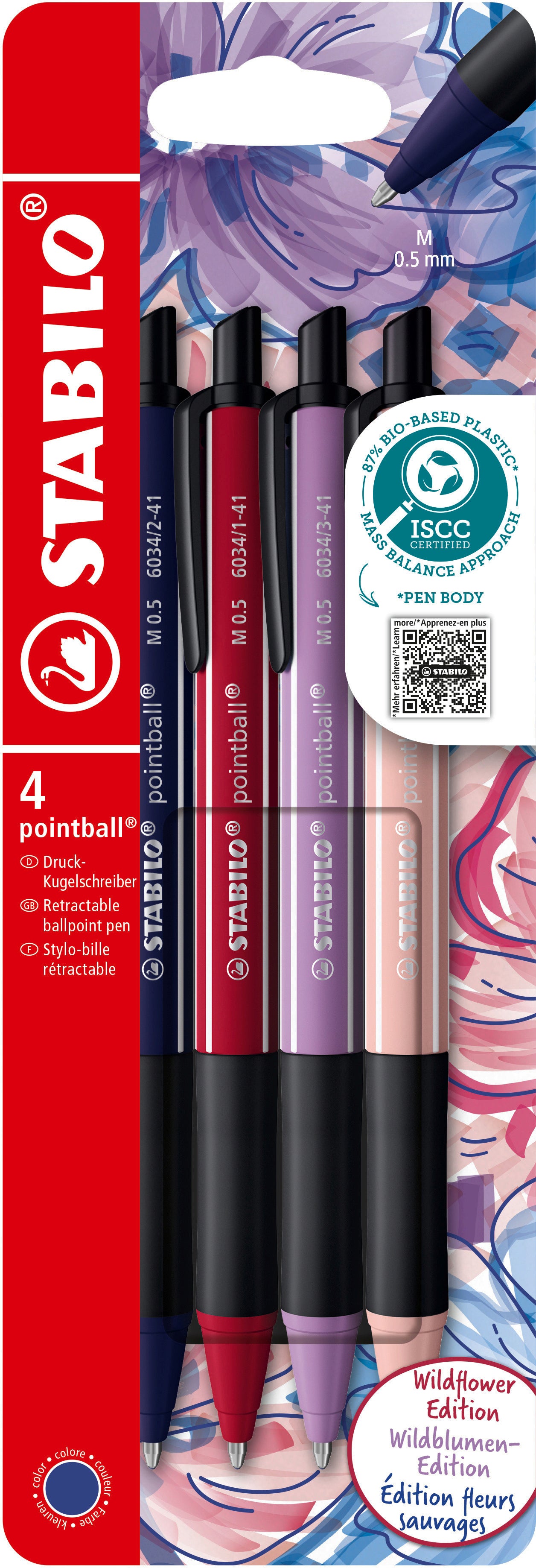 STABILO pointball Wildblume Kugelschreiber – Blau, Spitze 0,5 mm, Druck, dokumentenecht, nachfüllbar