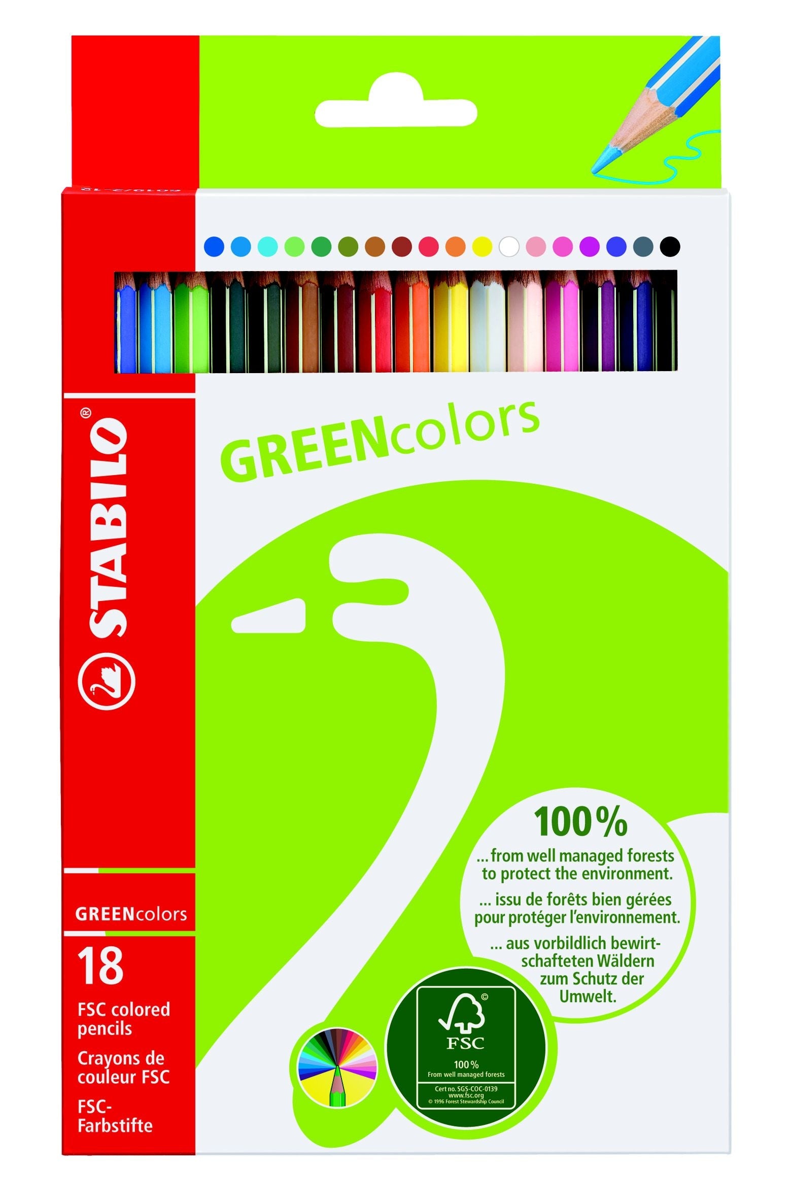 STABILO Buntstifte GREENcolors – Minen-Ø 2,5 mm, 18 Farben, im Kartonetui