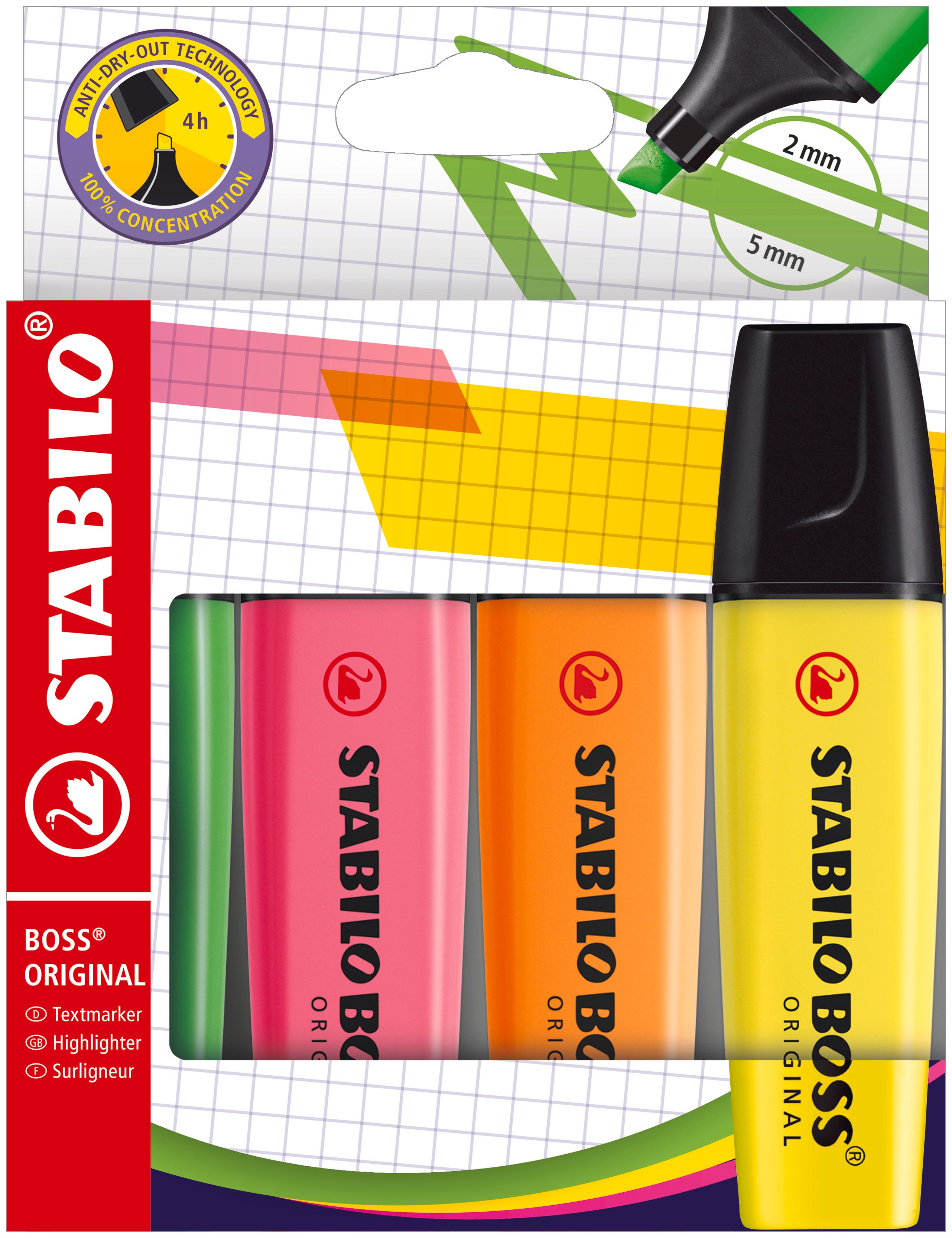 STABILO BOSS Original Textmarker – Farben: Gelb/Grün/Orange, Keilspitze 2–5 mm, nachfüllbar