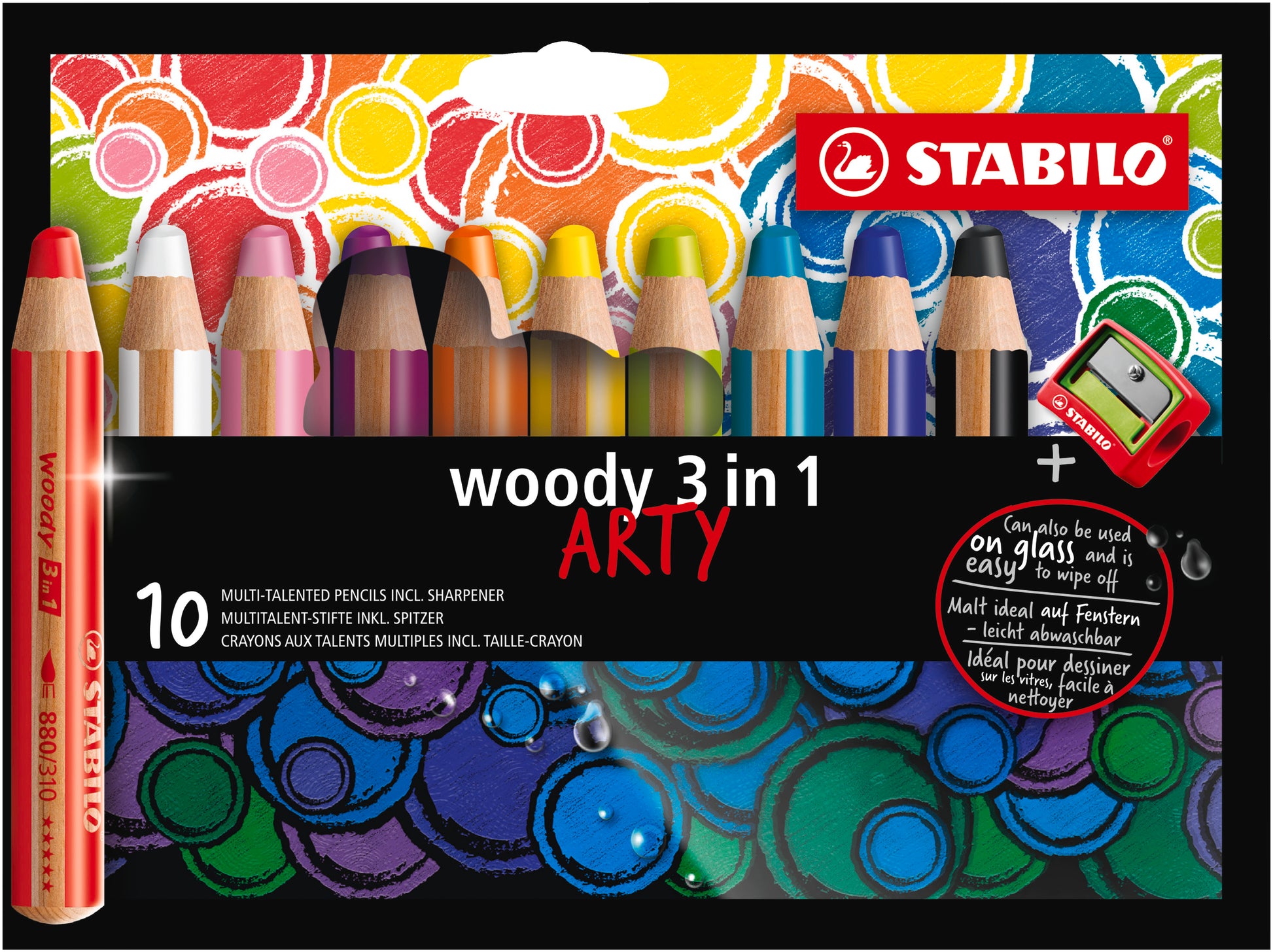 STABILO Buntstifte woody 3 in 1 – 3-in-1, rund, Minendurchmesser 10 mm, 10 Farben, im Kartonetui, mit Spitzer