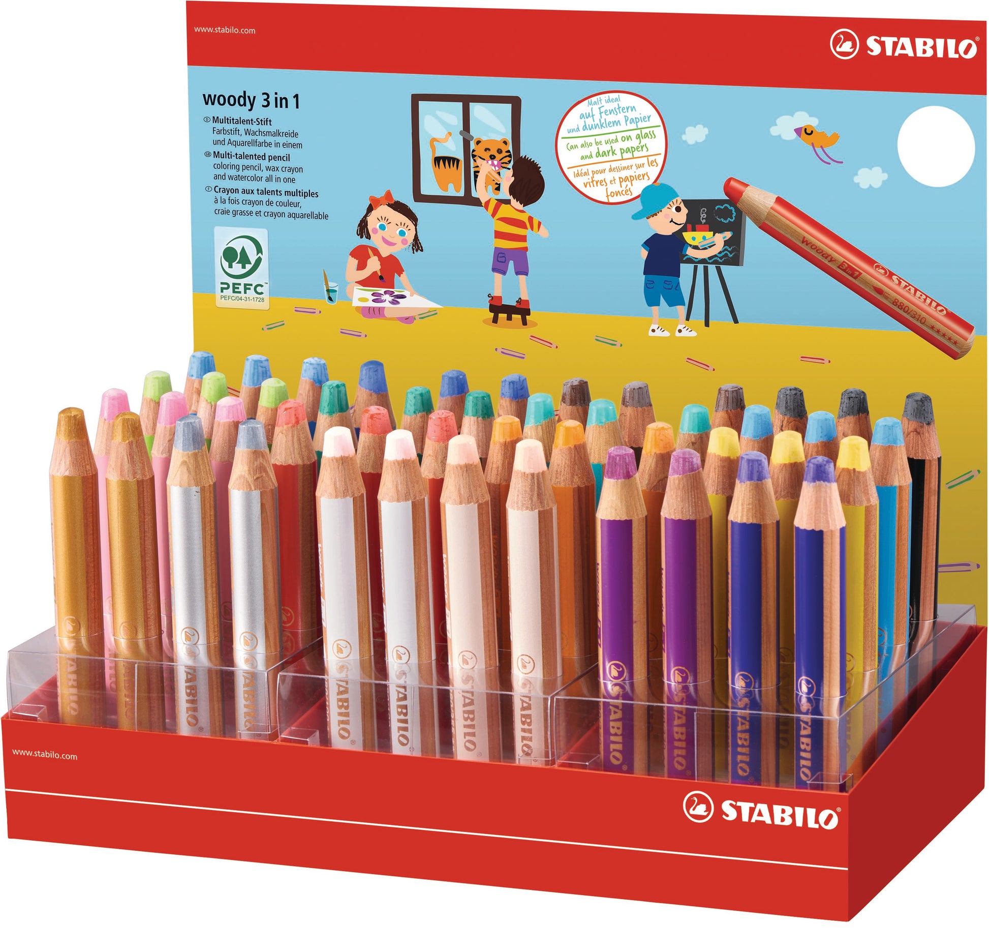 STABILO Buntstifte woody 3 in 1 – 3-in-1, rund, Minen-Ø 10 mm, 48 Farben, im Kartondisplay