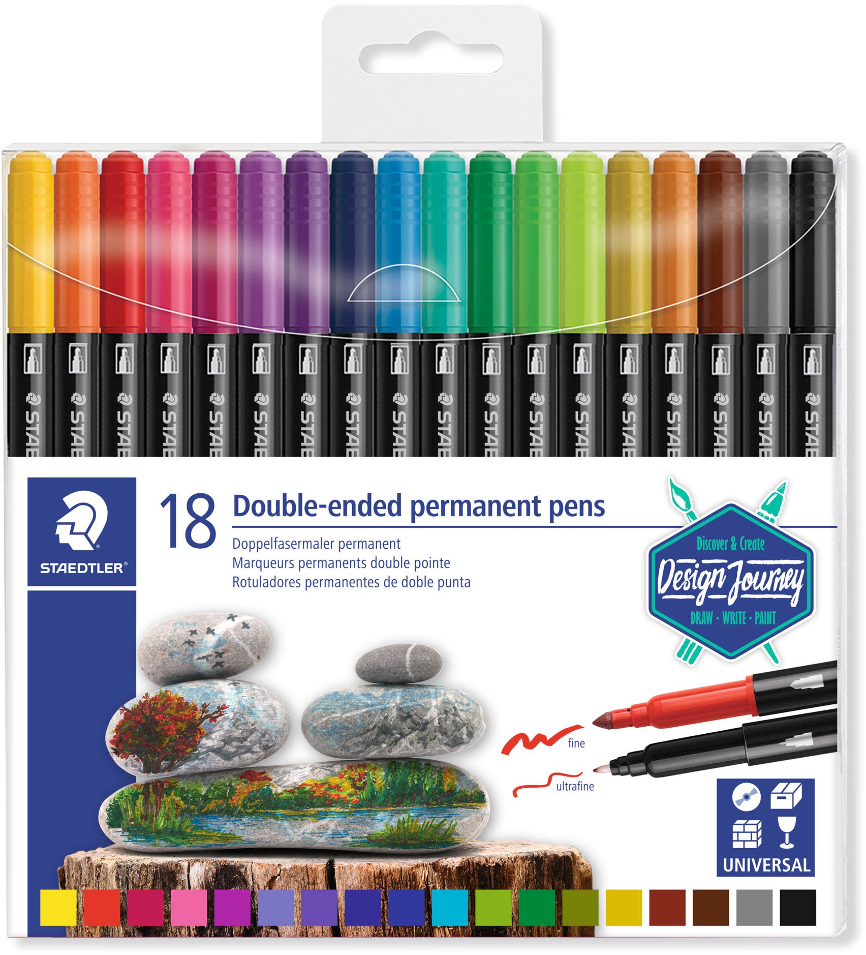 Staedtler Design Journey Permanentmarker – Doppeltspitze 3 mm – Mehrfarbig, 18er-Pack