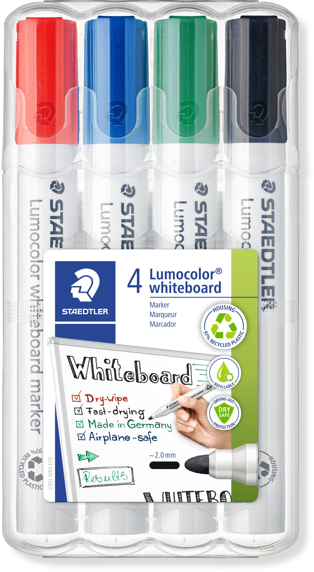 Staedtler Whiteboard-Marker – 4 Stk., trocken abwischbar, nachfüllbar – für Whiteboards, Glas und Porzellan