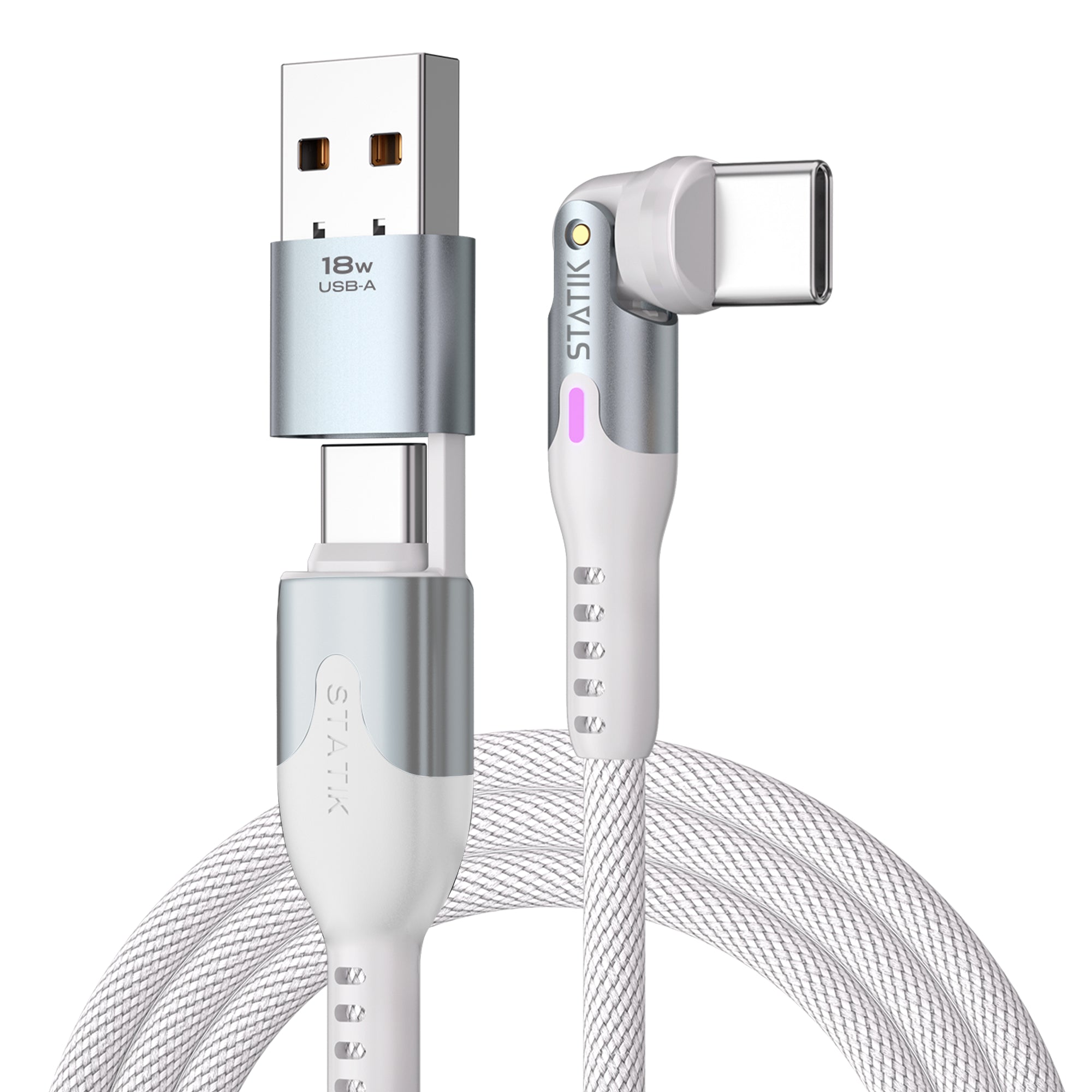 Statik USB-C auf USB-C Kabel – 1 m – PD 100 W – Geflochten, LED-Anzeige – Weiss