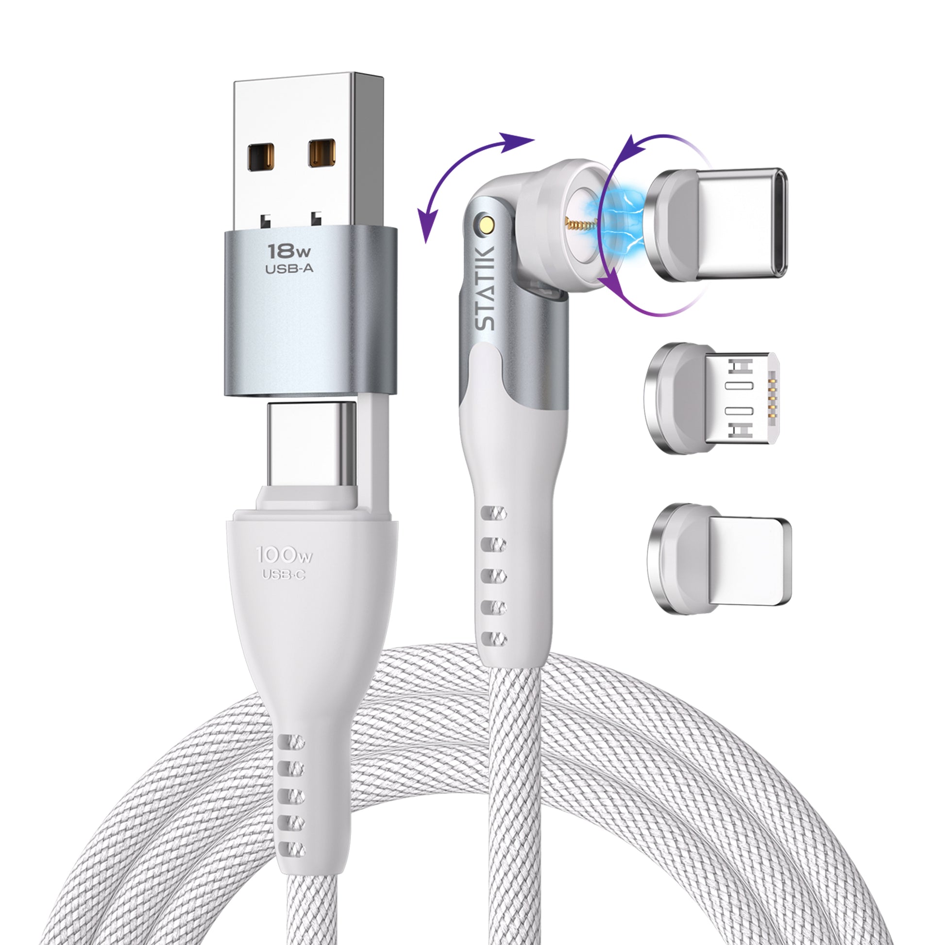 Statik USB-C Kabel mit magnetischen Spitzen (Lightning/USB-C/Micro-USB) – 2 m – PD 100 W – Weiss