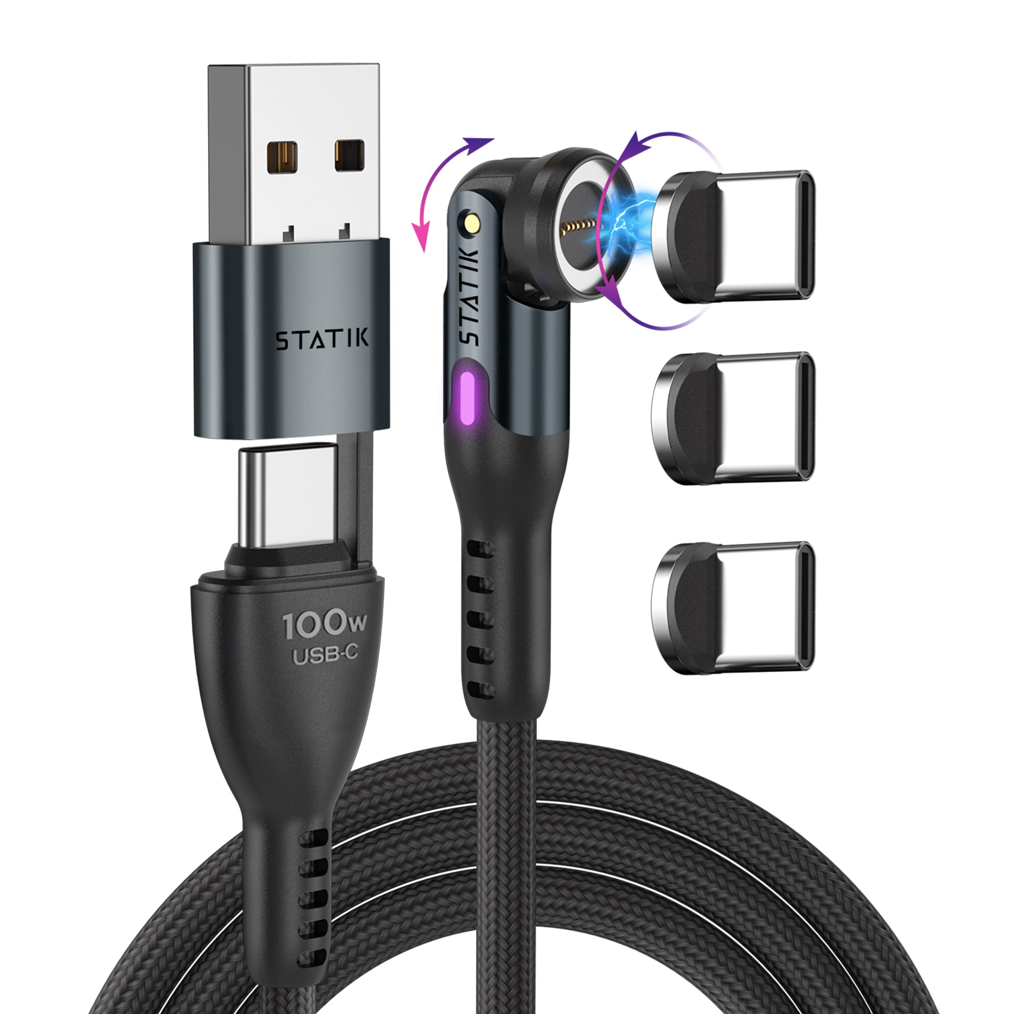 Statik USB-C Kabel – USB 2.0 (480 Mbit/s) – 2 m – PD 100 W – Magnetisch – für Laptops, Smartphones und mehr