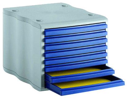 Styro Schubladenelement – 8 Schubladen, Grau/Blau, Polystyrol (PS), B 275 × H 235 × T 360 mm