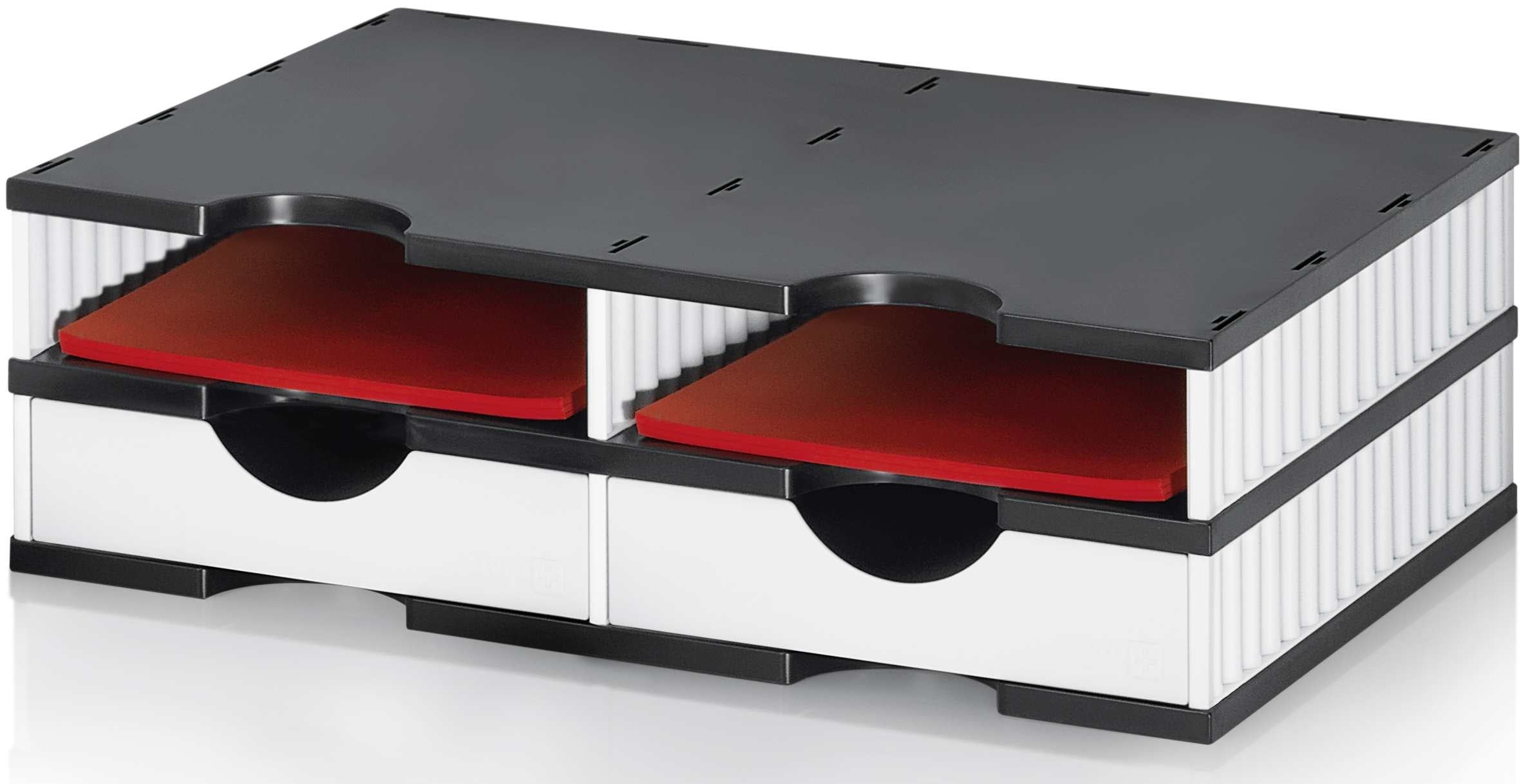 styrodoc duo – Dokumentenablage 2 Fächer/2 Schubladen, schwarz/weiss, 360 × 130 × 510 mm