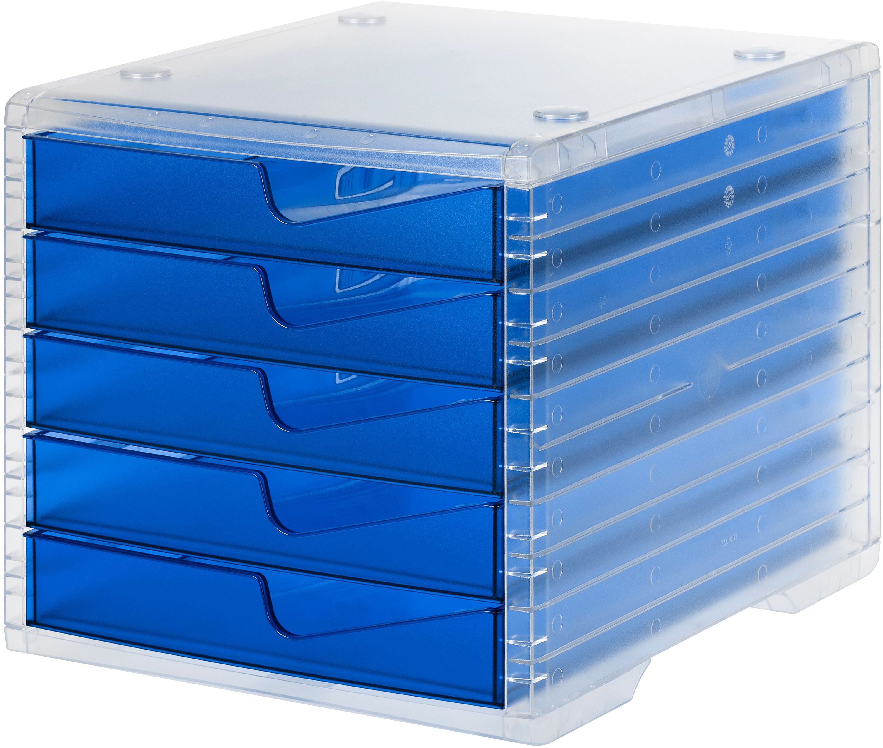Styro Schubladenelement – 5 Schubladen, für C4, transparent/blau, Polystyrol (PS), B 270 × H 250 × T 340 mm