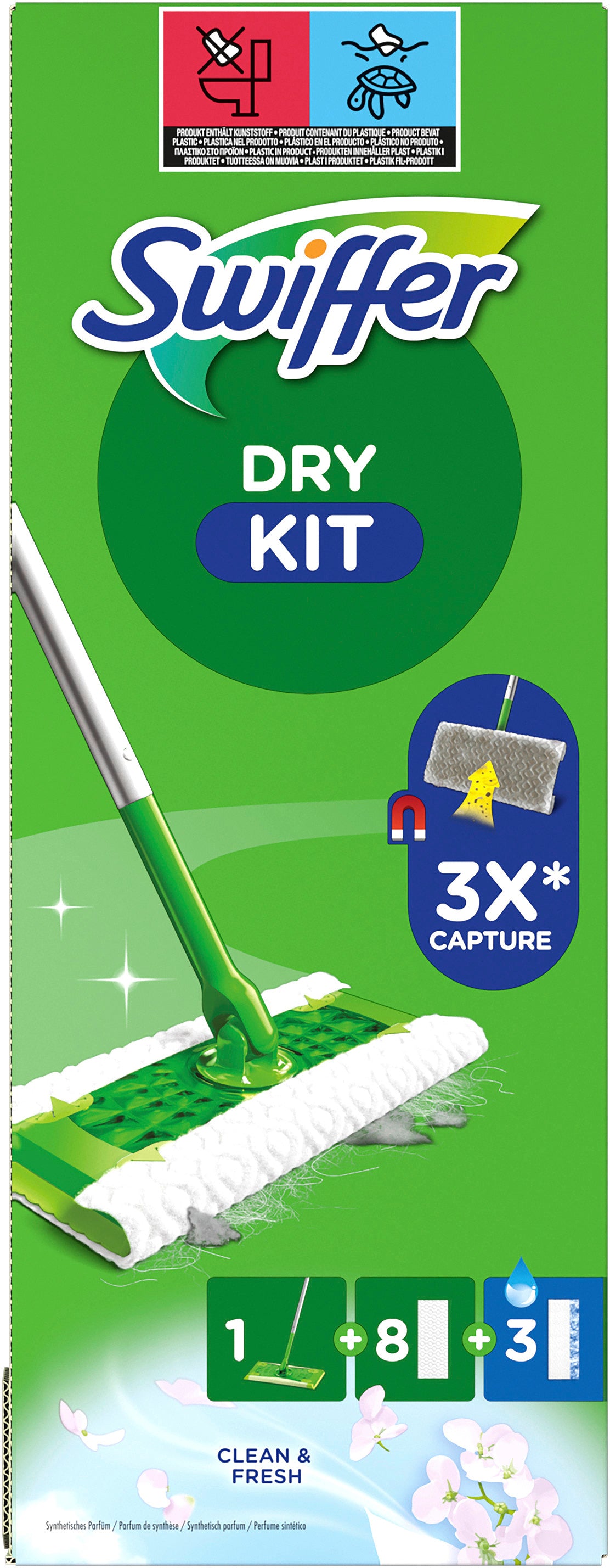 Swiffer Staubmagnet Starterset – 1 Bodenwischer, 8 trockene Bodentücher + 3 feuchte Bodentücher