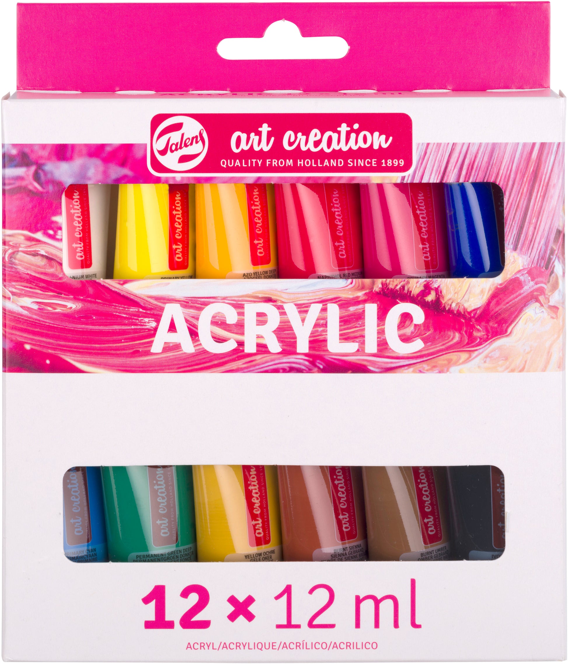 Talens Acrylfarbe – Mehrfarbig, Wasserfest – 12 Farben, 12×12 ml (144 ml) – für Papier, Stein, Holz