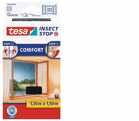TESA Insect Stop Comfort Fenster-Fliegengitter – 130 × 150 cm – silber – selbstklebend – für Fenster