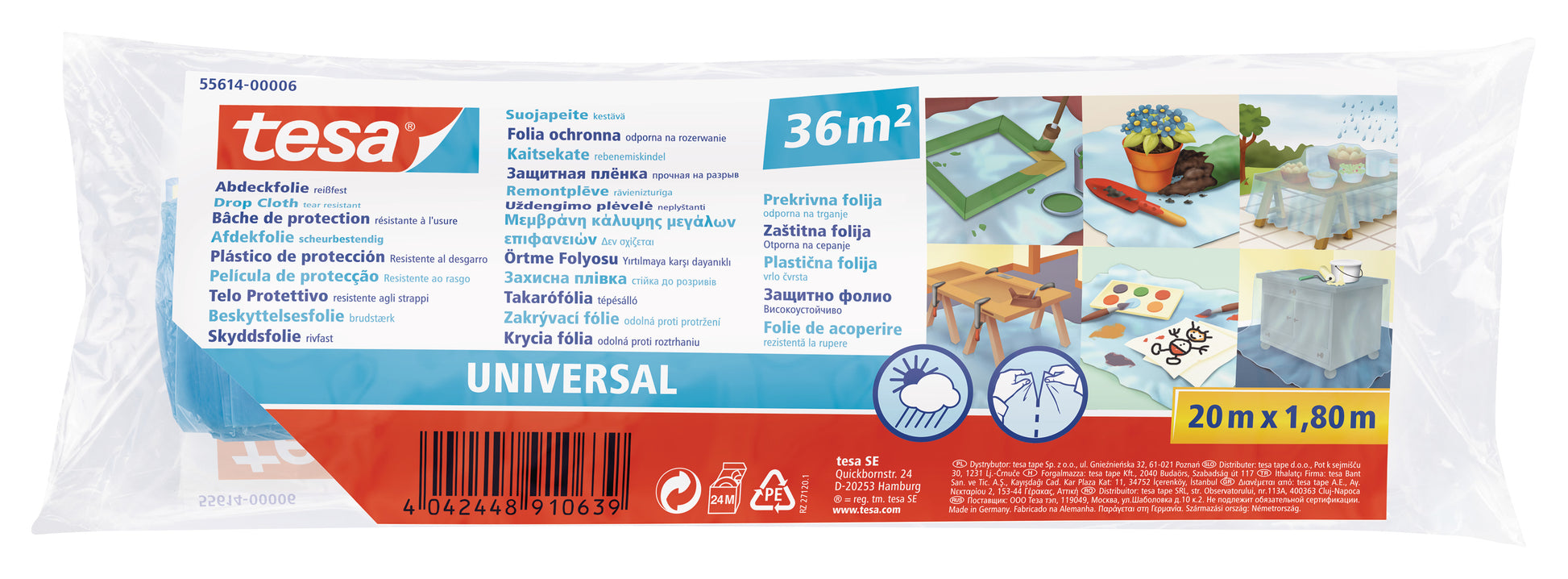 TESA Abdeckfolie – Rolle 1,8 m × 20 m, Recycling-Kunststoff, perforiert, meterweise abreissbar