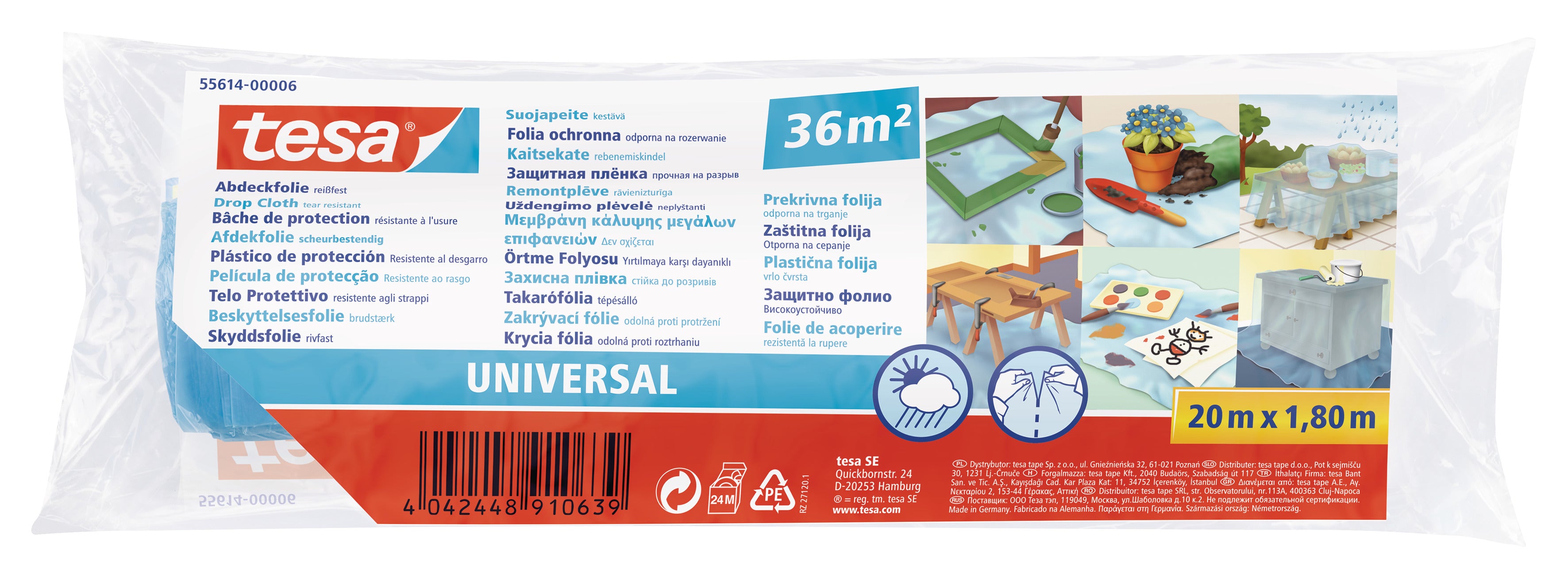 TESA Abdeckfolie – Rolle 1,8 m × 20 m, Recycling-Kunststoff, perforiert, meterweise abreissbar