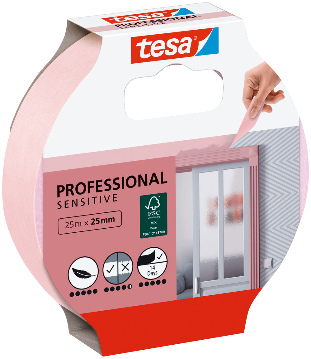 TESA Malerband Professional Sensitive, rosa – 25 mm × 25 m, rückstandsfrei bis 14 Tage