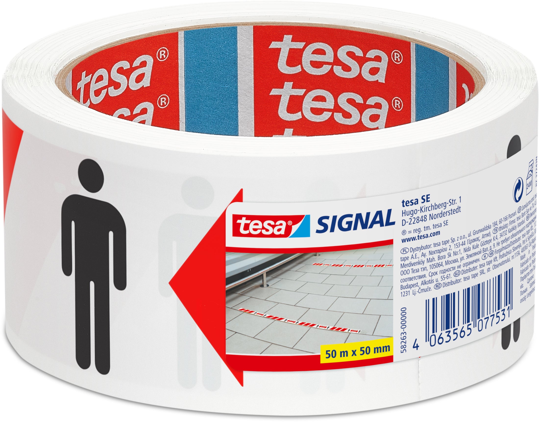TESA 58263-000 Bodenmarkierungsband – 50 mm × 50 m, rot/weiss/schwarz, PP, reissfest, UV-beständig