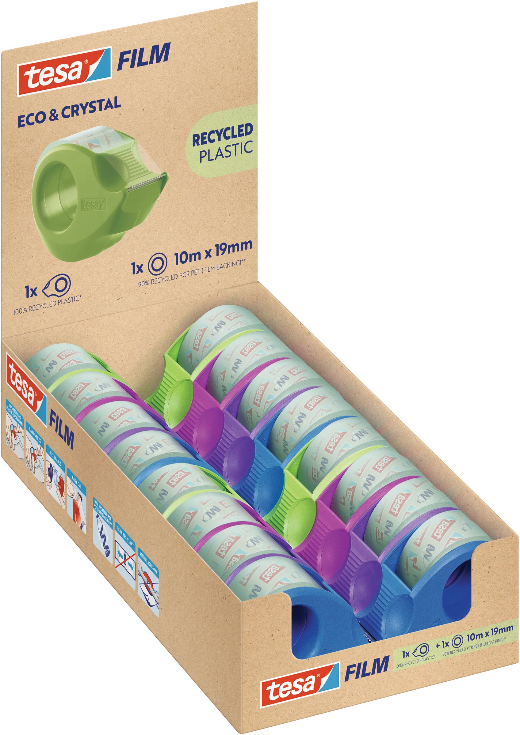 TESA Tischabroller Tesafilm eco & crystal – für Klebeband bis 19 mm × 10 m, inkl. 16 Rollen 19 mm × 10 m