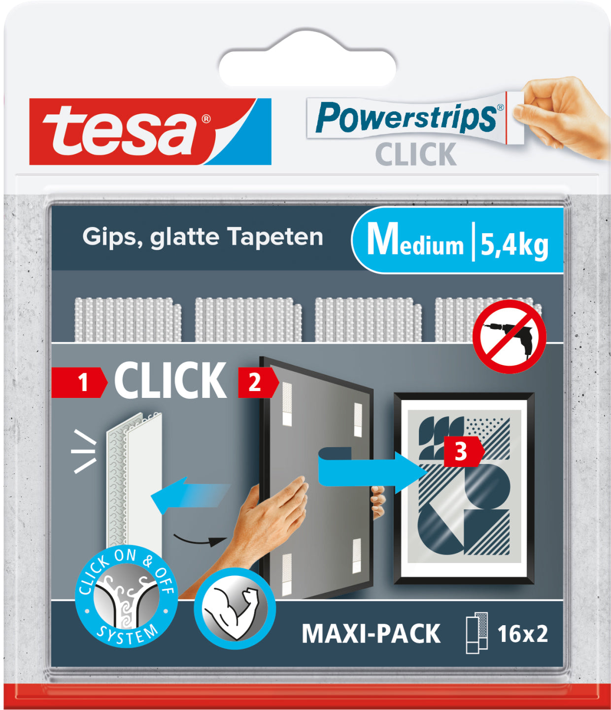 TESA Powerstrips CLICK Medium Klettband – 120 mm × 0,14 m, weiss, wiederablösbar, 32 Stück