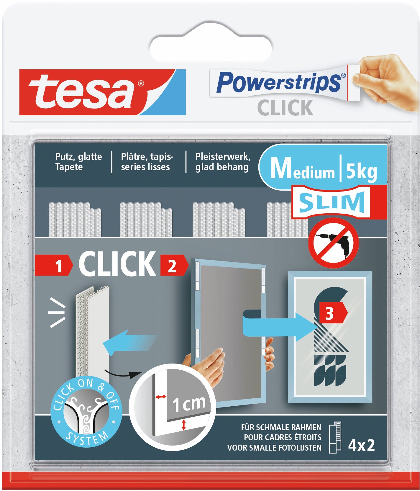 TESA Powerstrips CLICK Klettstreifen wiederablösbar – 4 × 2 Stk., für Bilder, Wanddekorationen