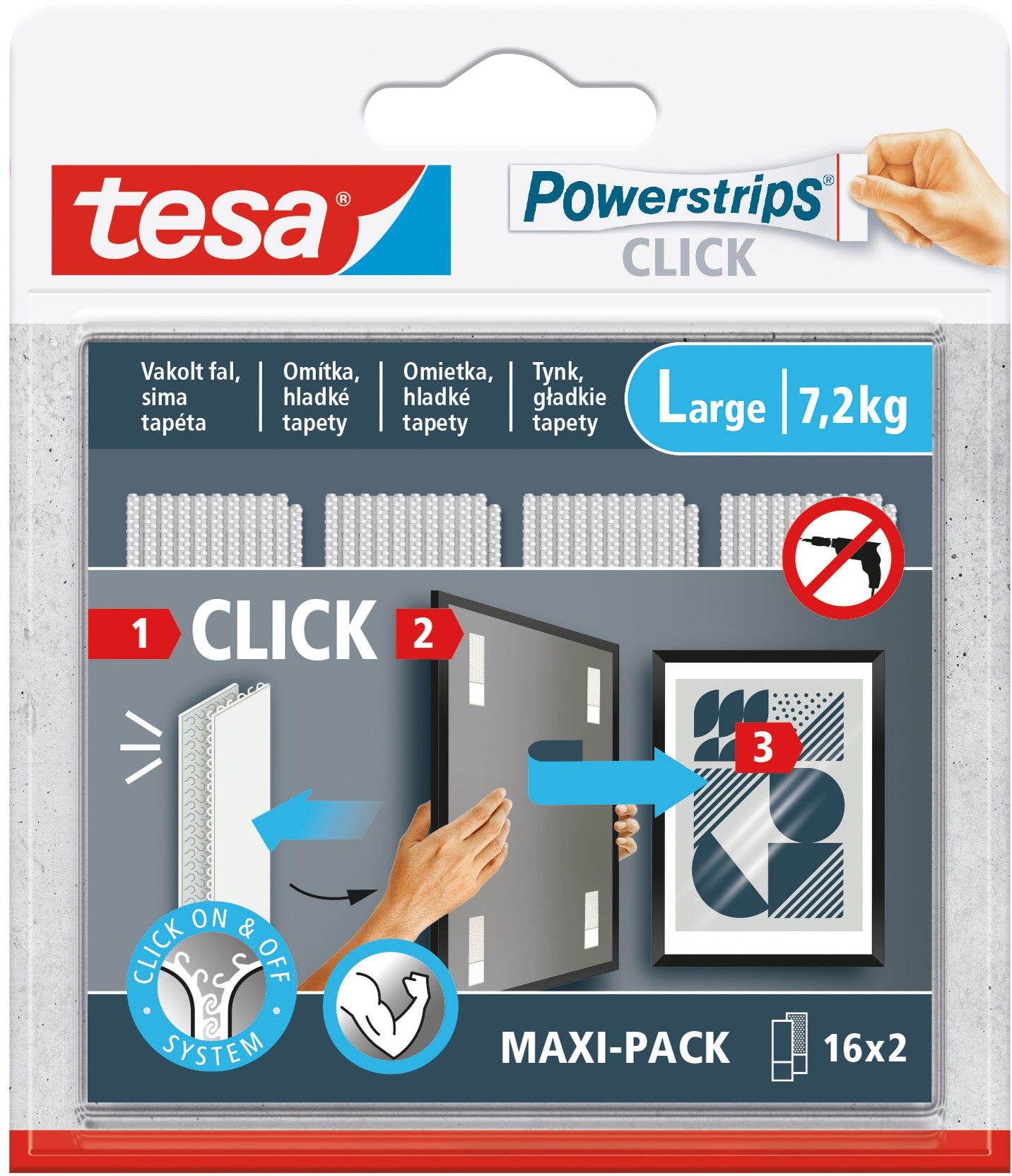 TESA Powerstrips Click Klettband – 20 mm × 0,085 m, weiss, wiederverwendbar, für den Innenbereich, 32 Stück