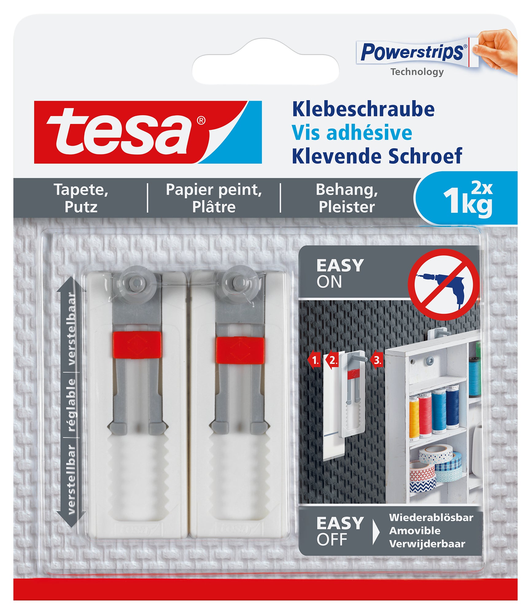 TESA Klebeschraube für Putz – 120 × 141 × 24 mm, grau, rot, weiss, bis 1 kg, 2 Stk.