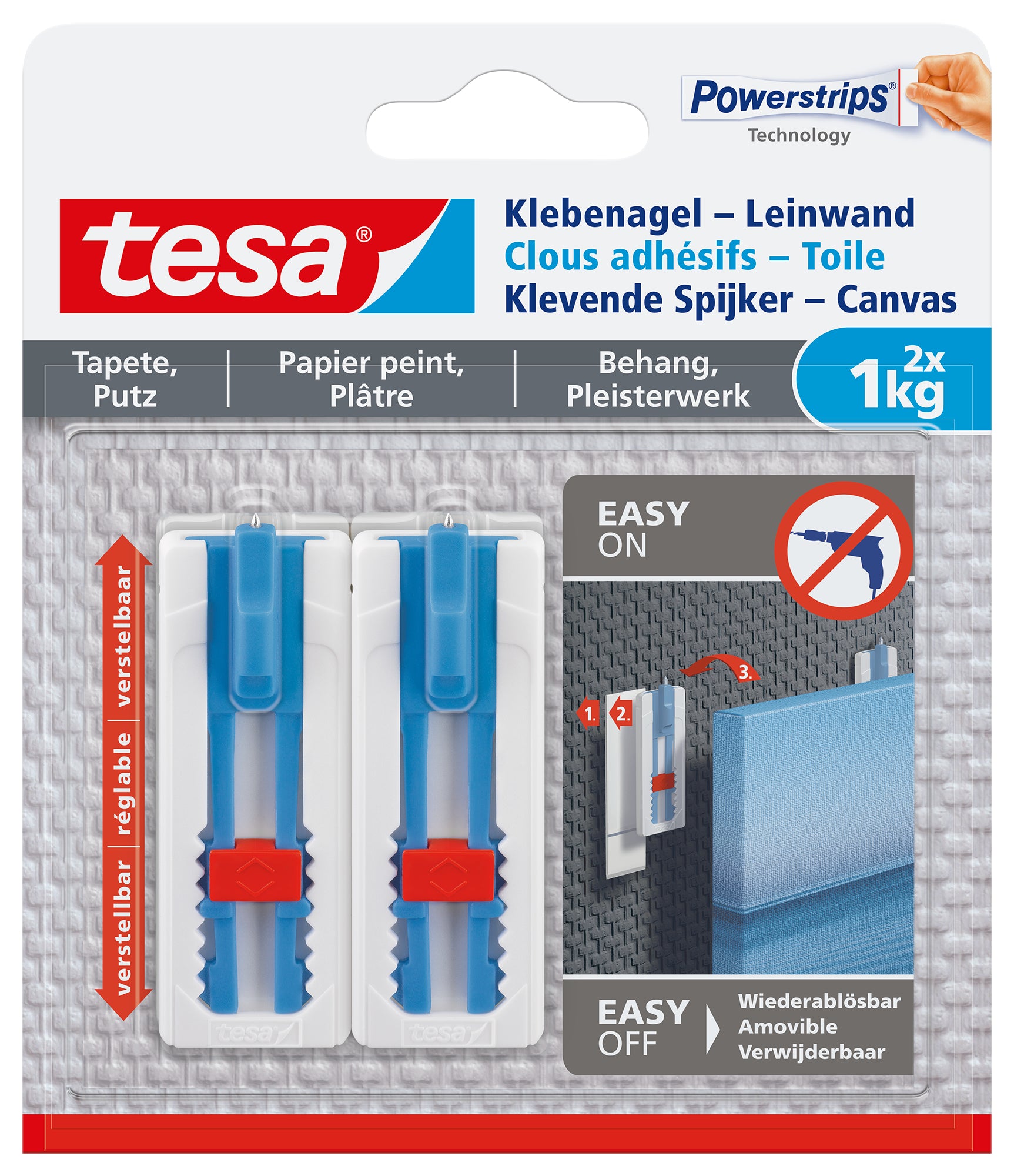 TESA Haken – blau/weiss – selbstklebend, vormontiert – für Putz – 1 kg