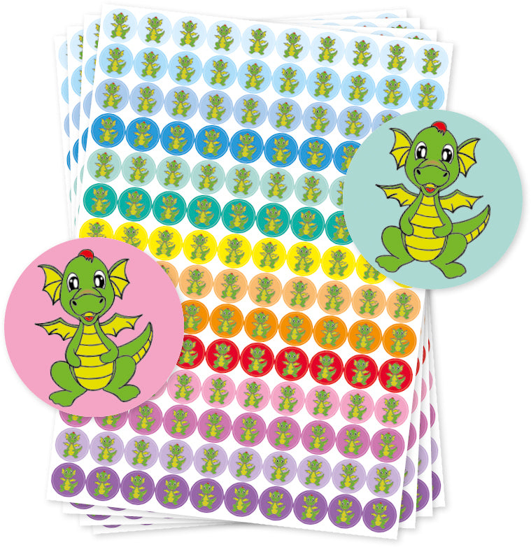 Timetex Belobigungs-Aufkleber, Drache, mehrfarbig, 500 Stk, 4 Bögen, Ø 19 mm