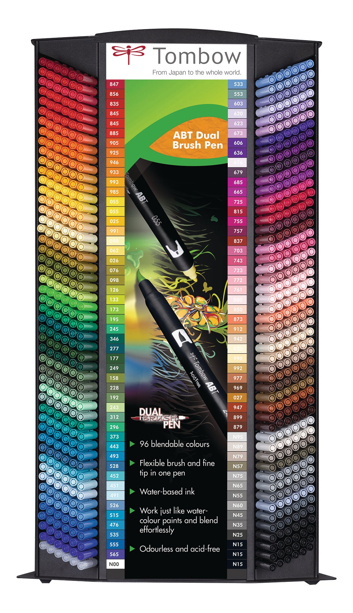 Tombow ABT Brush Pen – Doppelspitze, Pinsel + 0,8–3,3 mm, wasservermalbar, 96 Farben