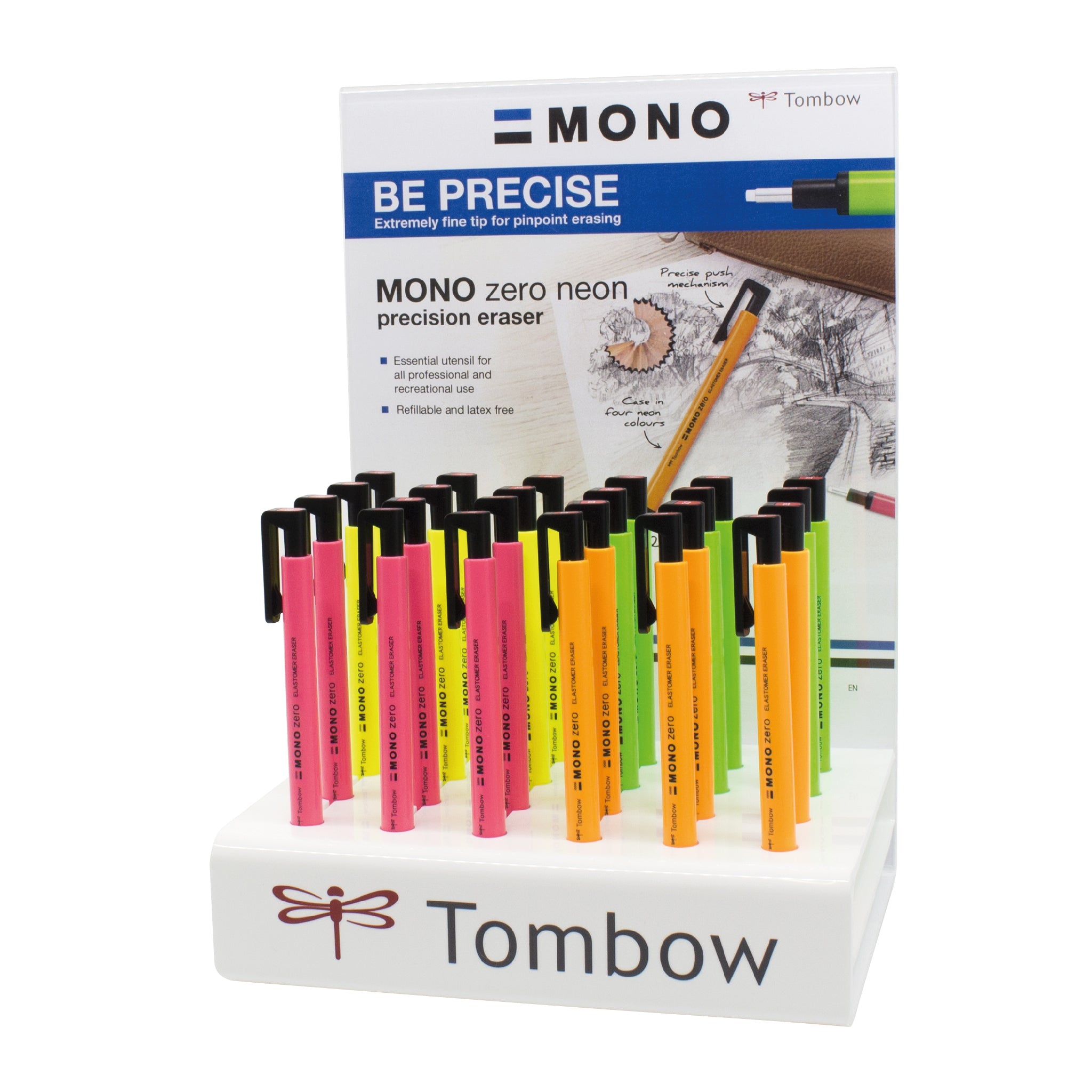 Tombow Radierstift Mono Zero – nachfüllbar, Ø 2,3 mm Spitze, neon, farbig sortiert, 24 Stk.