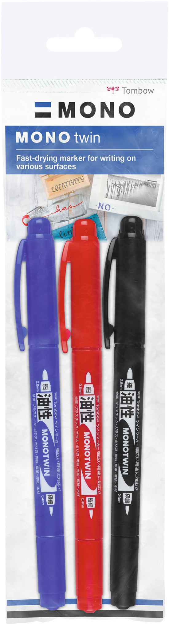 Tombow MONO twin Permanentmarker – Doppeltspitze 0,4/0,8 mm – Schwarz, Blau, Rot – 3er-Set
