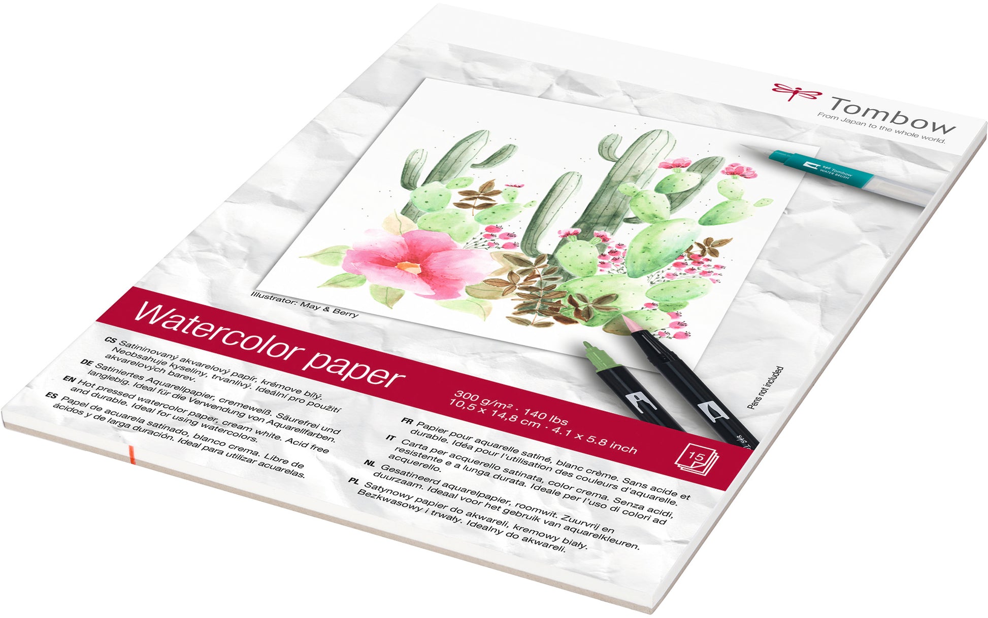 Tombow Aquarellblock – A6 – 300 g/m² – zweiseitig geleimt – 15 Blatt, cremeweiss, satiniert